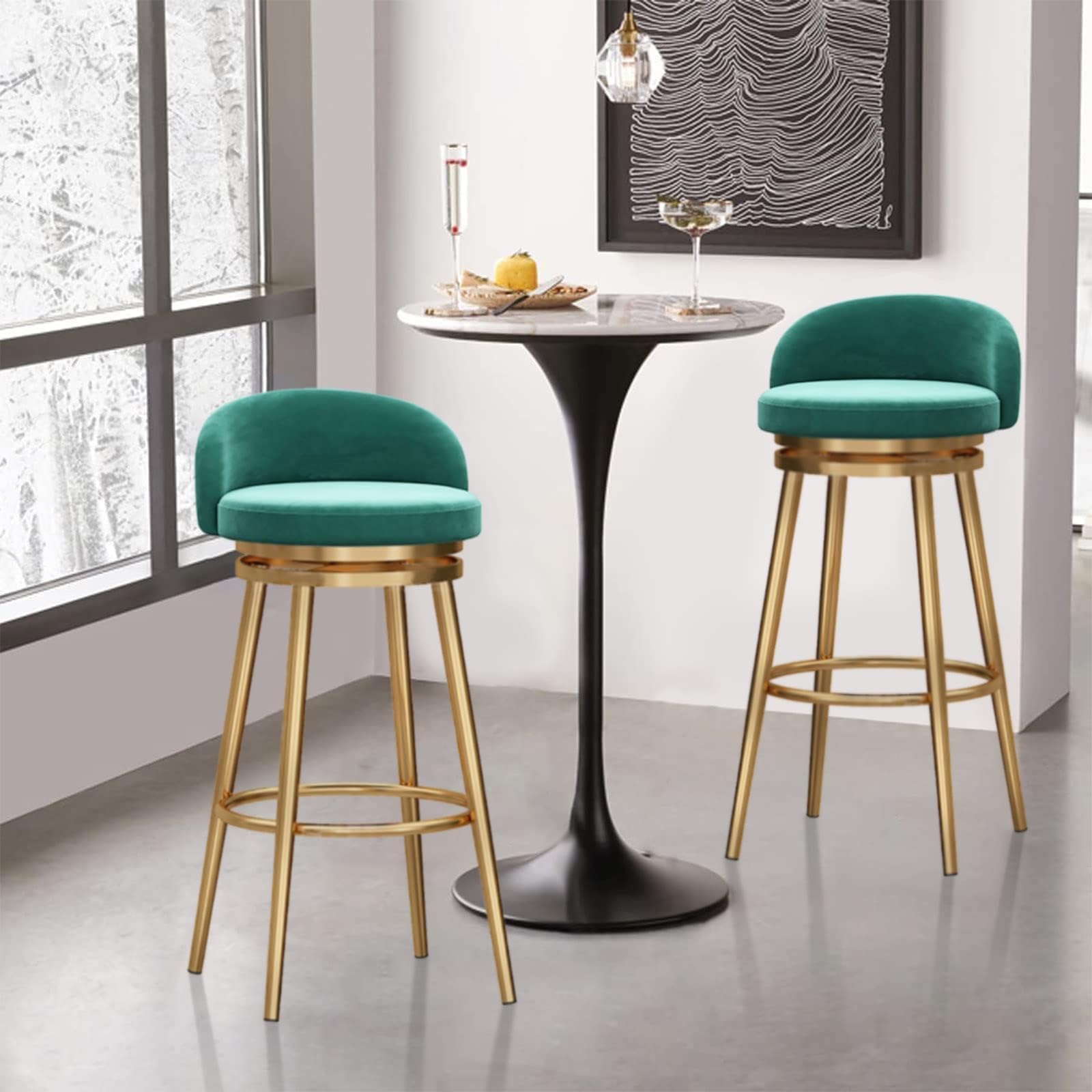 Lot de 2 tabourets de bar en velours – Tabourets de comptoir dos nu avec repose-pieds – Chaises rembourrées pour cuisine et salle à manger – Accent vert élégant pour décoration d'intérieur