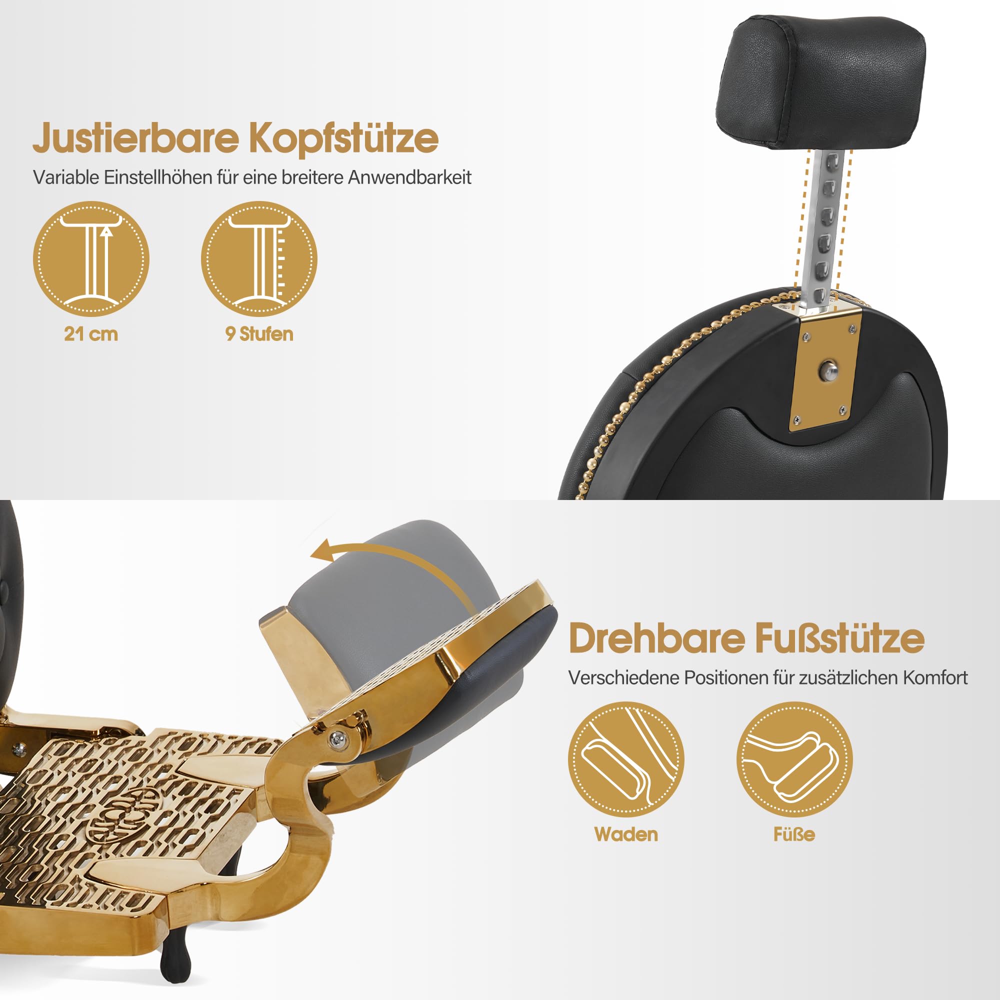 Barberpub Friseurstuhl mit Kopfstütze Kippbar, Barber Stuhl Retro Vintage, 360° Drehbar & Höhenverstellbar, Friseureinrichtung Hydraulisch, Kunstleder, 8688(Gold-Schwarz)