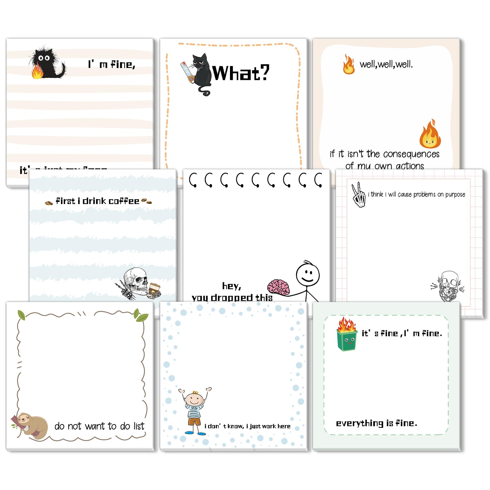 ZCPTZ 9 Pcs Funny Notepads 3" x 3" Self-adhesive Note Pads Fun Memo for Home Work Office School Supplies Teacher Gifts - 450 Sheets Reusable Cute