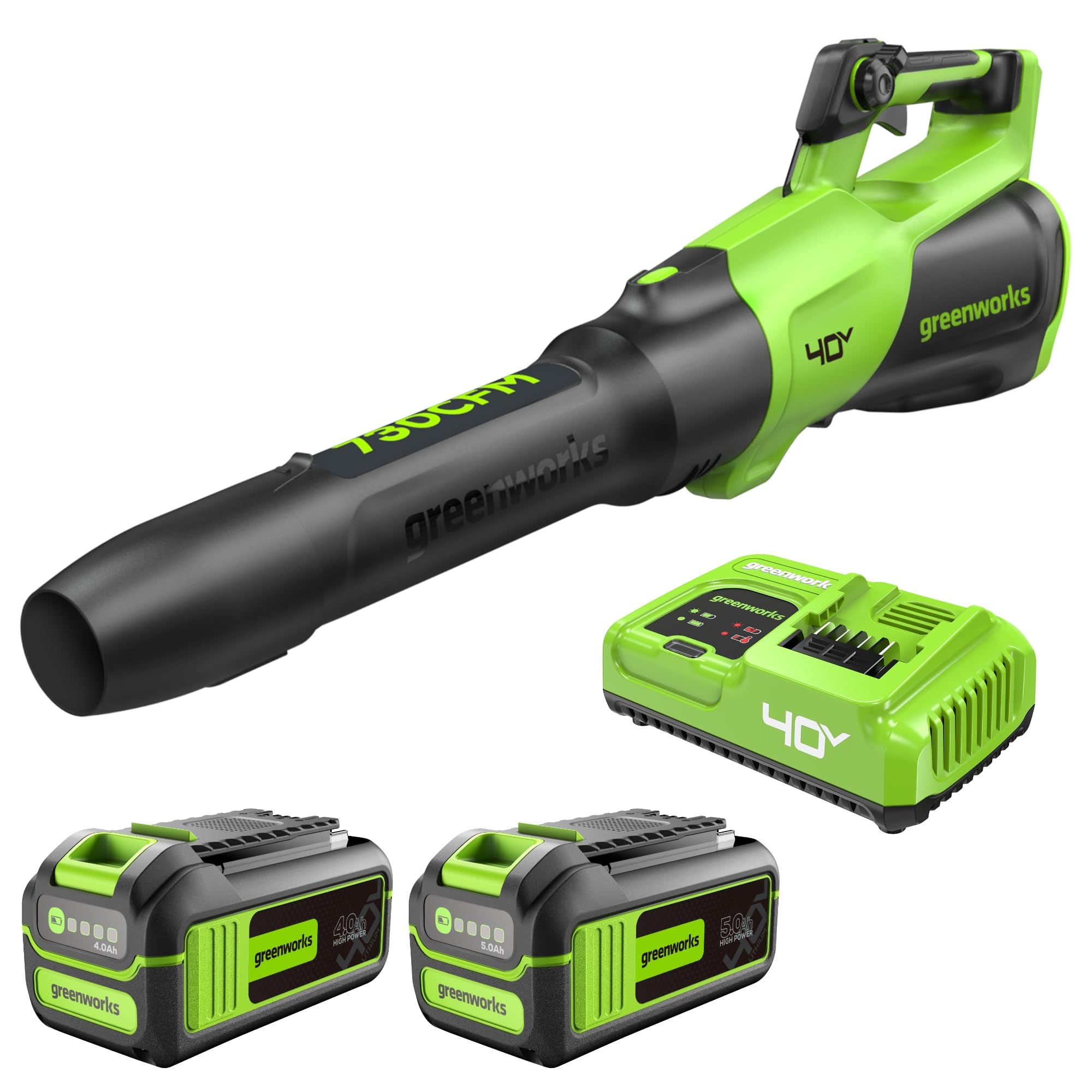 [Bonus Battery] Greenworks 40V (730 CFM / 190 MPH) Cordless Brushless Leaf Blower, 5.0Ah + Bonus 4.0Ah Battery and 5A Rapid Charger