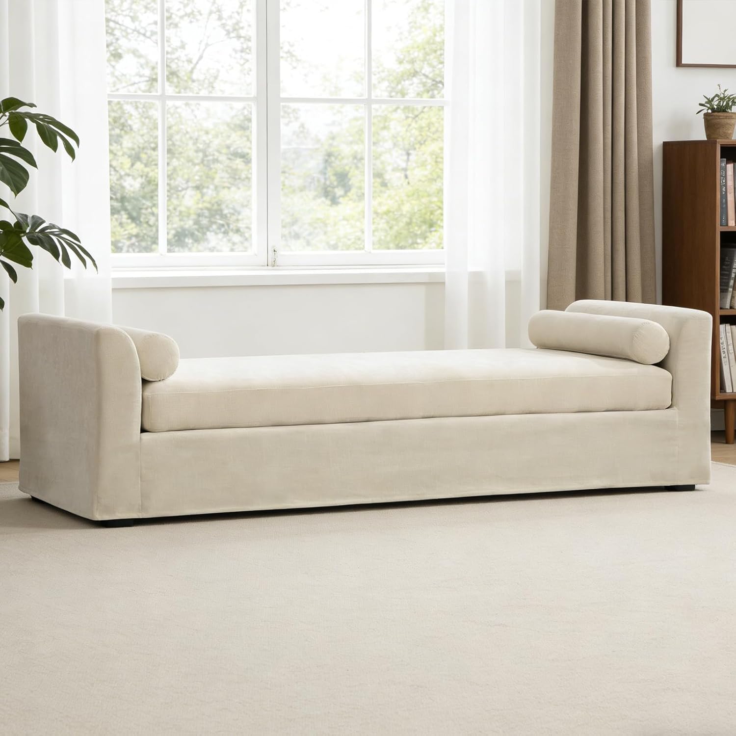 Chifee & Vingol 90.55" Oversized Chaise Lounge Bench - Extra-Long Upholstered Bedroom End Bench with Removable Pillows, Beige