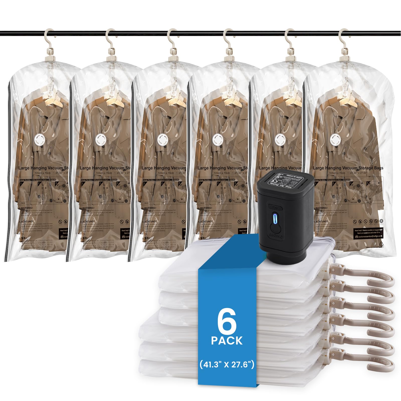 TAILI Bolsas colgantes de almacenamiento al vacío con bomba de aire eléctrica, bolsas de sellado al vacío para ropa, viajes, perchas de ahorro de espacio para ropa, abrigos, trajes y chaquetas, juego