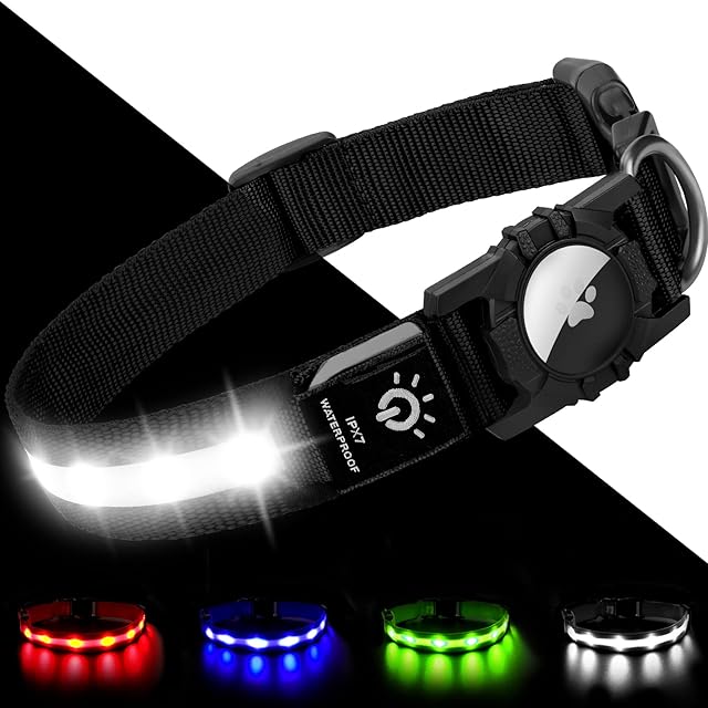 Joytale Light Up Dog Collar[100% IPX7 Waterproof], LED Flashing Airtag Pet Collars for Dark Night Walking, USB C Rechargeable Glow Nylon Collar with Air Tag Holder for Medium Dogs, Black