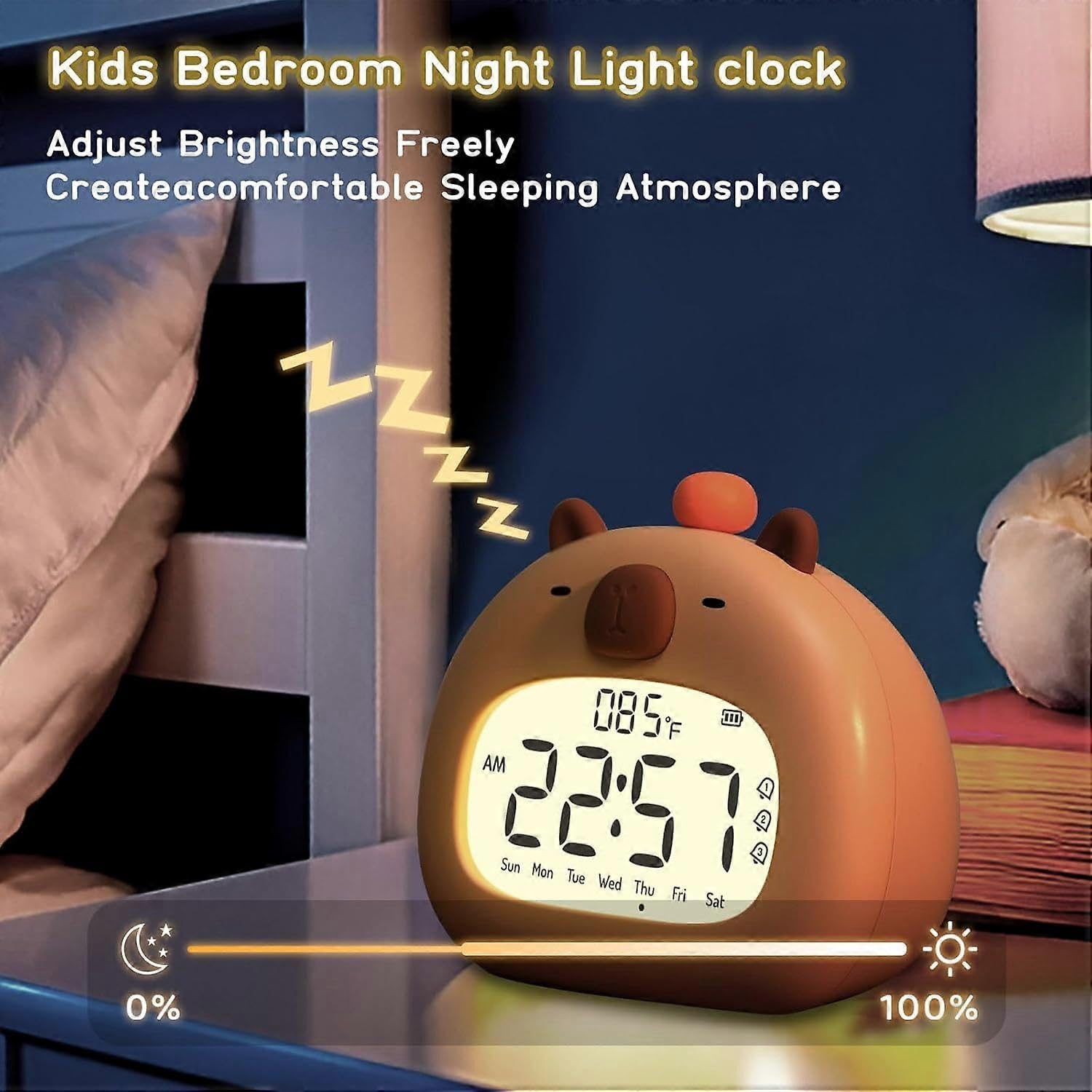 Kabelloser Wecker für Schlafzimmer, einfache Digitaluhr mit lauten Pieptönen, niedliches Capybara-Nachtlicht dimmbar, Kinder Wake Up Sleep Trainer, Jungen und Gir