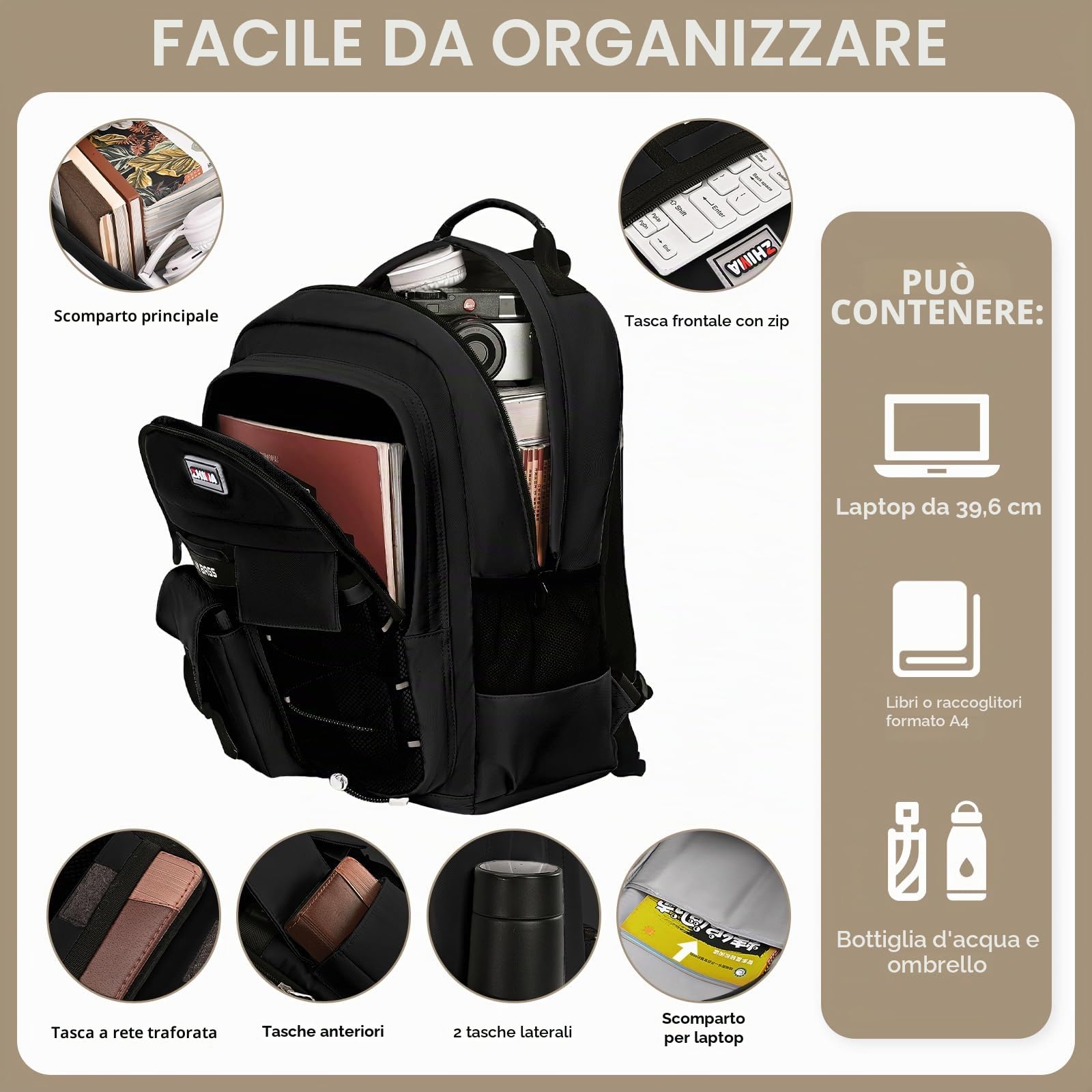Amythe Zaino Scuola Media e Superiore per Ragazzo, Grande Zaino Scuola Ragazzi Impermeabile per 16" Laptop, Zaini da Viaggio Casual Leggero e Moda, 29L-Nero