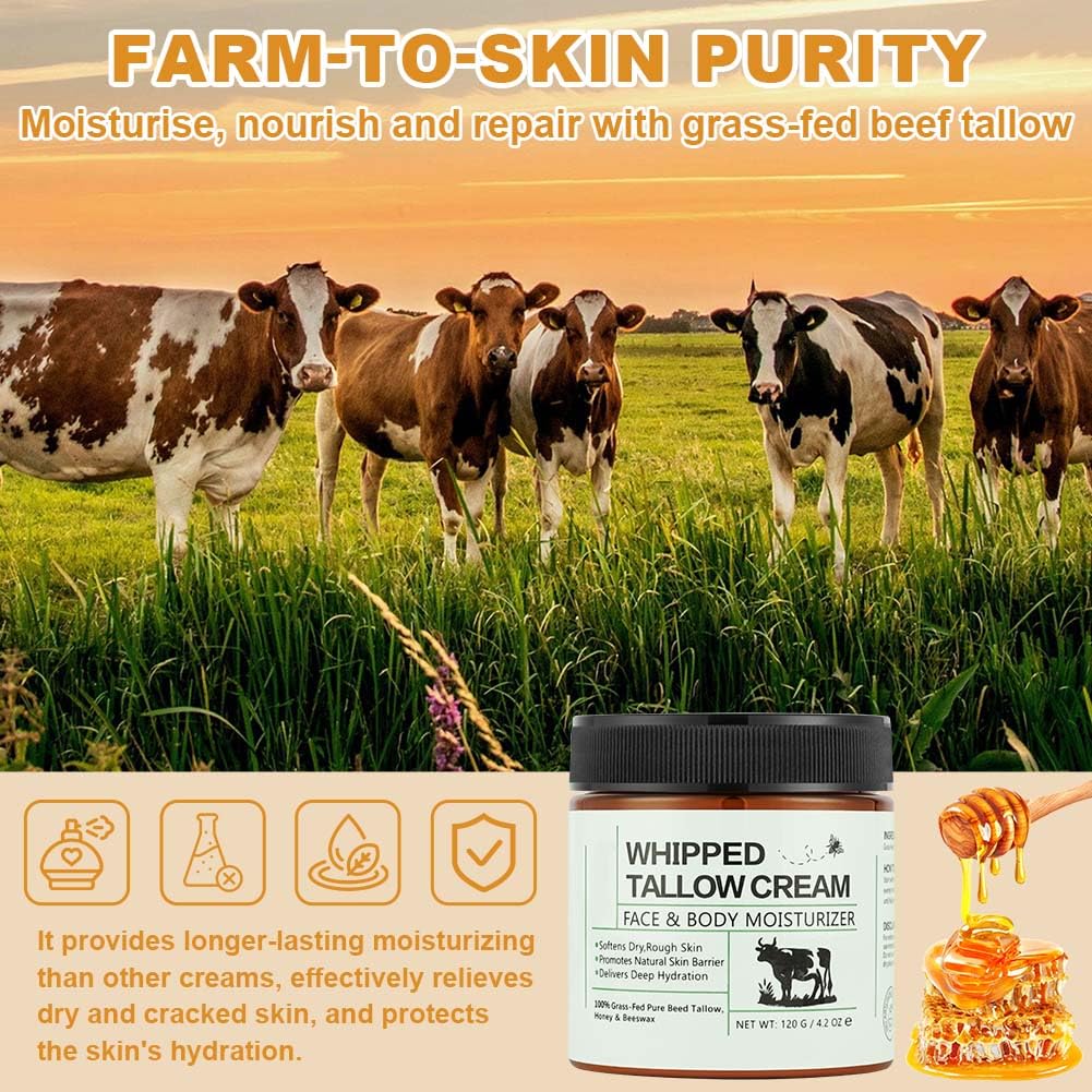 2szt. Tłuszcz Wołowy na Skórę, 240g Tłuszczu Wołowego, Balsam z Tłuszczem i Miodem 100% Naturalny i Organiczny, Krem do Twarzy na Twarz i Ciało, Do Pielęgnacji Skóry, Dla Wszystkich Typów Skóry