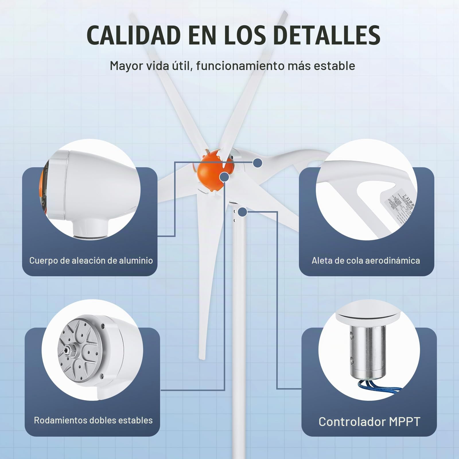 VEVOR Kit de Generador de Turbina Eólica 500 W 12 V 5 Palas Controlador MPPT Dirección del Viento Ajustable Velocidad de Arranque del Viento 2,5 m/s para Hogar, Granja, Vehículos Recreativos, Barcos