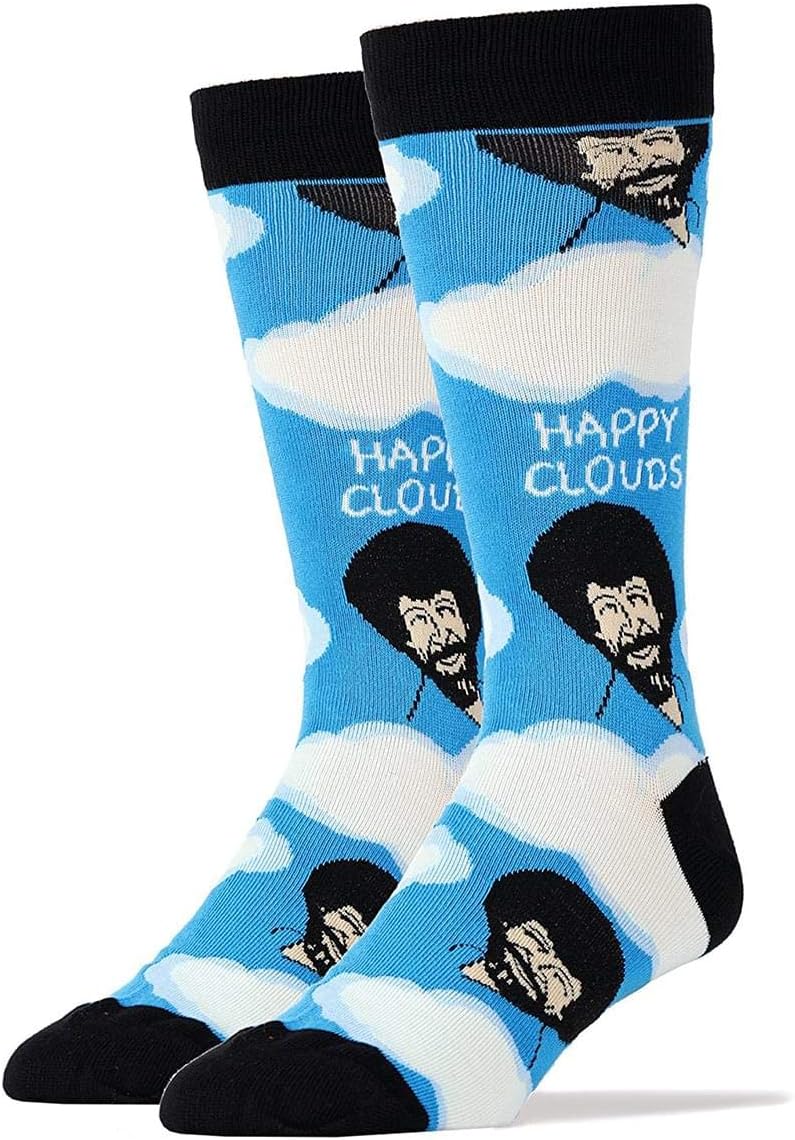 Oooh Yeah Men's Novelty Crew Socks, Exclusive Funny Socks for Bob Ross, Christmas Socks, Dress Cotton Socks, Blue, One Size
