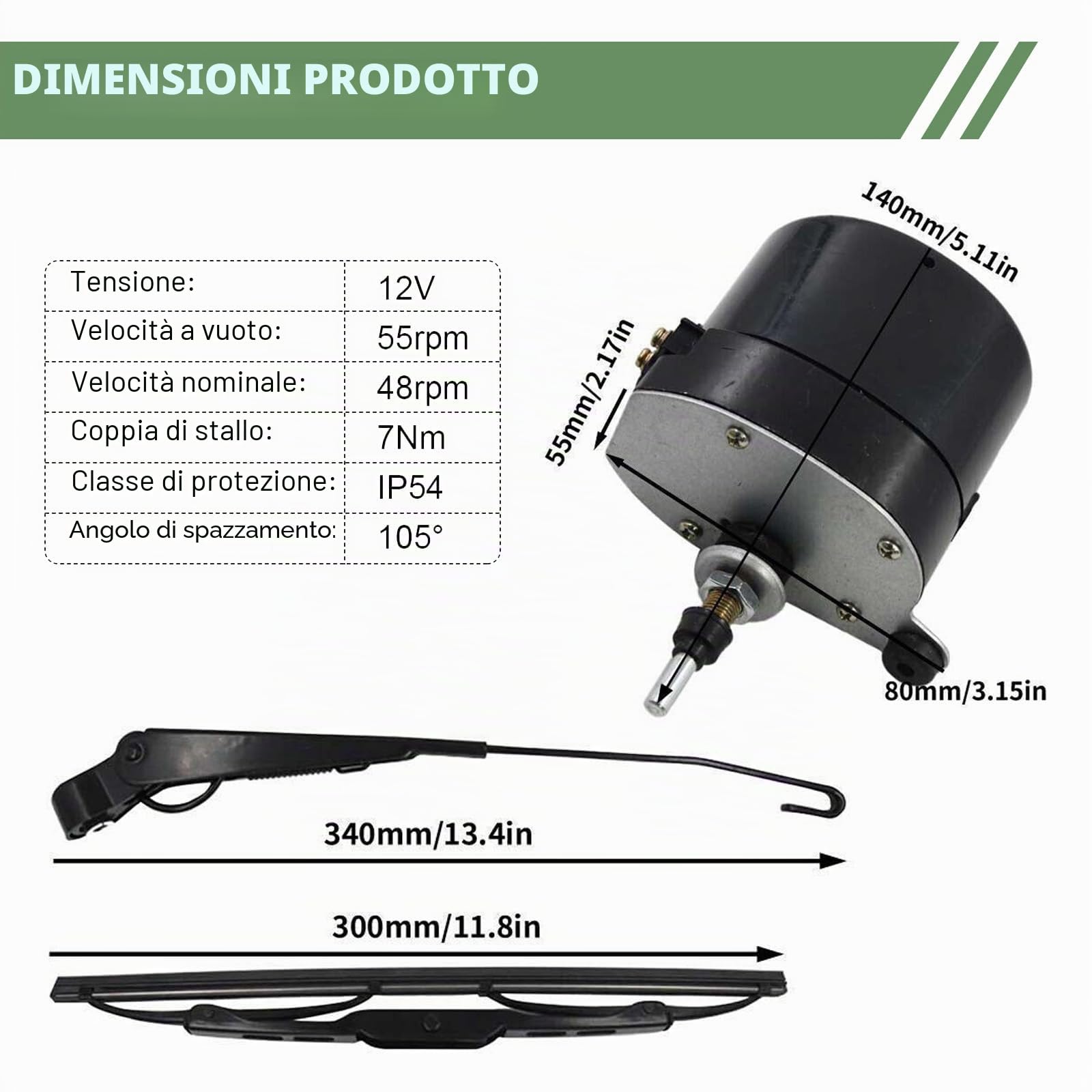Motorino Tergicristallo, 12V Motorino Tergicristallo Universale Motore Spazzola Tergicristallo 105° con Spazzola e Braccio per Motore Tergicristallo Trattore