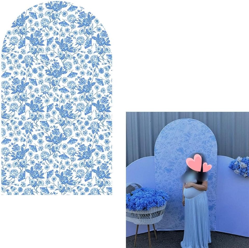Blue Florasl Arch Backdrop Cover Baby in Bloom Baby Shower Decorations Arch Stand Spandex Covers Afternoon Tea Event Wedding Birthday Party Decors (3.3x6.5ft Cover,3856)