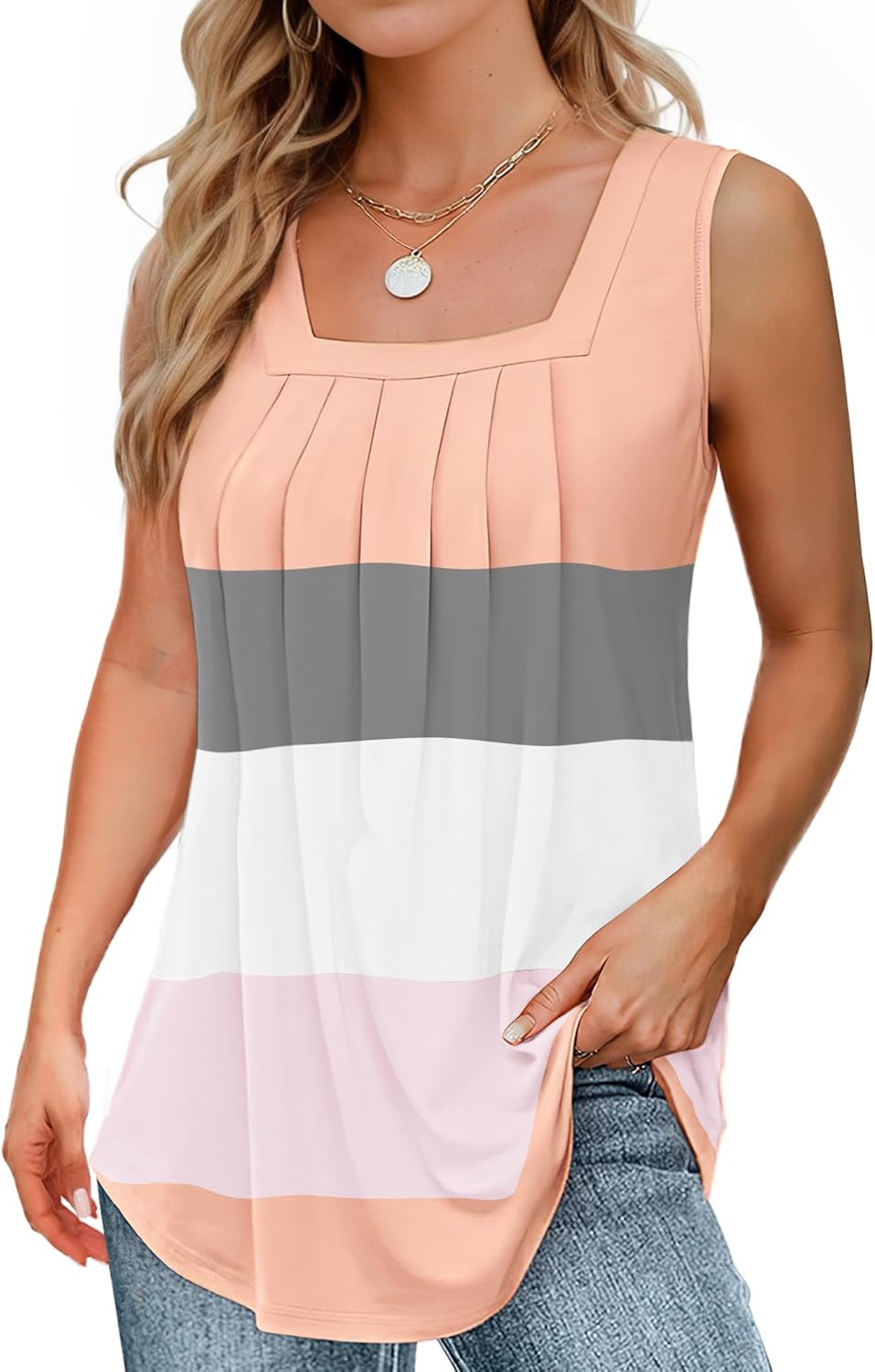 Summer Tank Tops for Women Loose Fit Pleated Square Neck Sleeveless Tops Flowy Blouse Short Sleeve Tops Basic Shirts