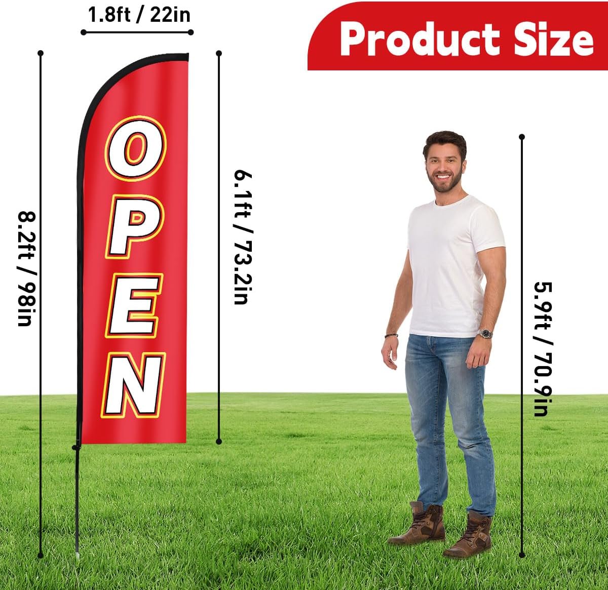 Open Feather Flag, 8.2ft Open flag for Business with Aluminum Pole and Ground Stake, Commercial Open Sign for Outside Business Swooper Flag Advertisng Feather Banner