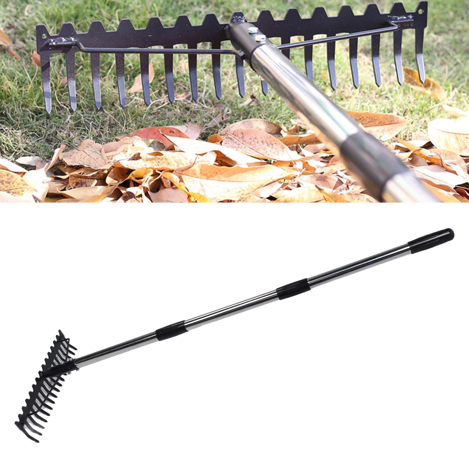 Ejoyous Rastrillo de Jardín, Rastrillo con Cabeza de Metal de Hierro y Acero Inoxidable con 17 Púas, Desmontable Ajustable, 17 Pulgadas de Ancho para Aflojar el Suelo, Recolección de Hojas, Uso en