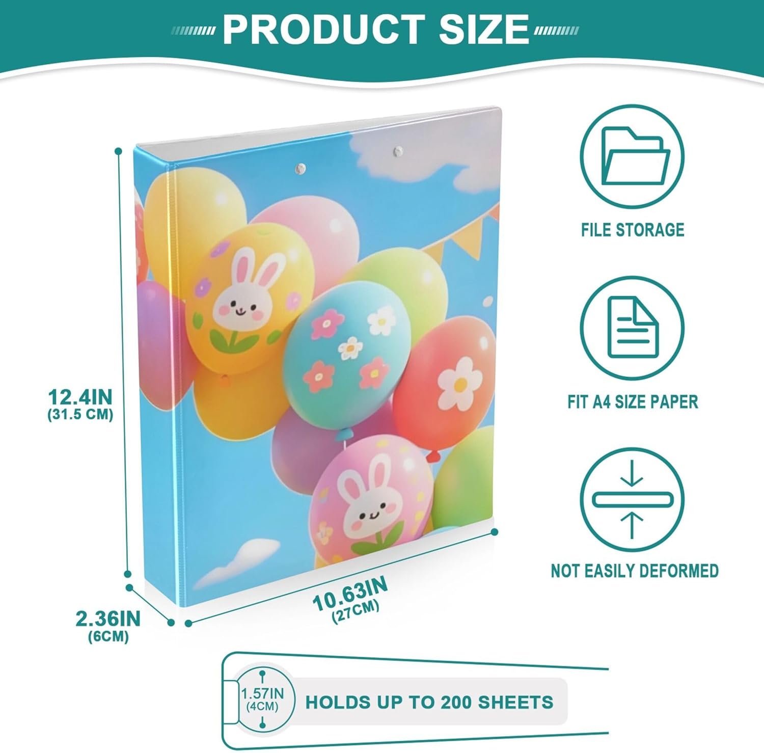 Happy Easter Balloons 3 Ring Binders, 1.5” Round Ring Binders with Clipboard - Letter Size, 3 Interior PVC Clear Pockets & Anti-Slip Clip for Office School Supplies, 2PCS