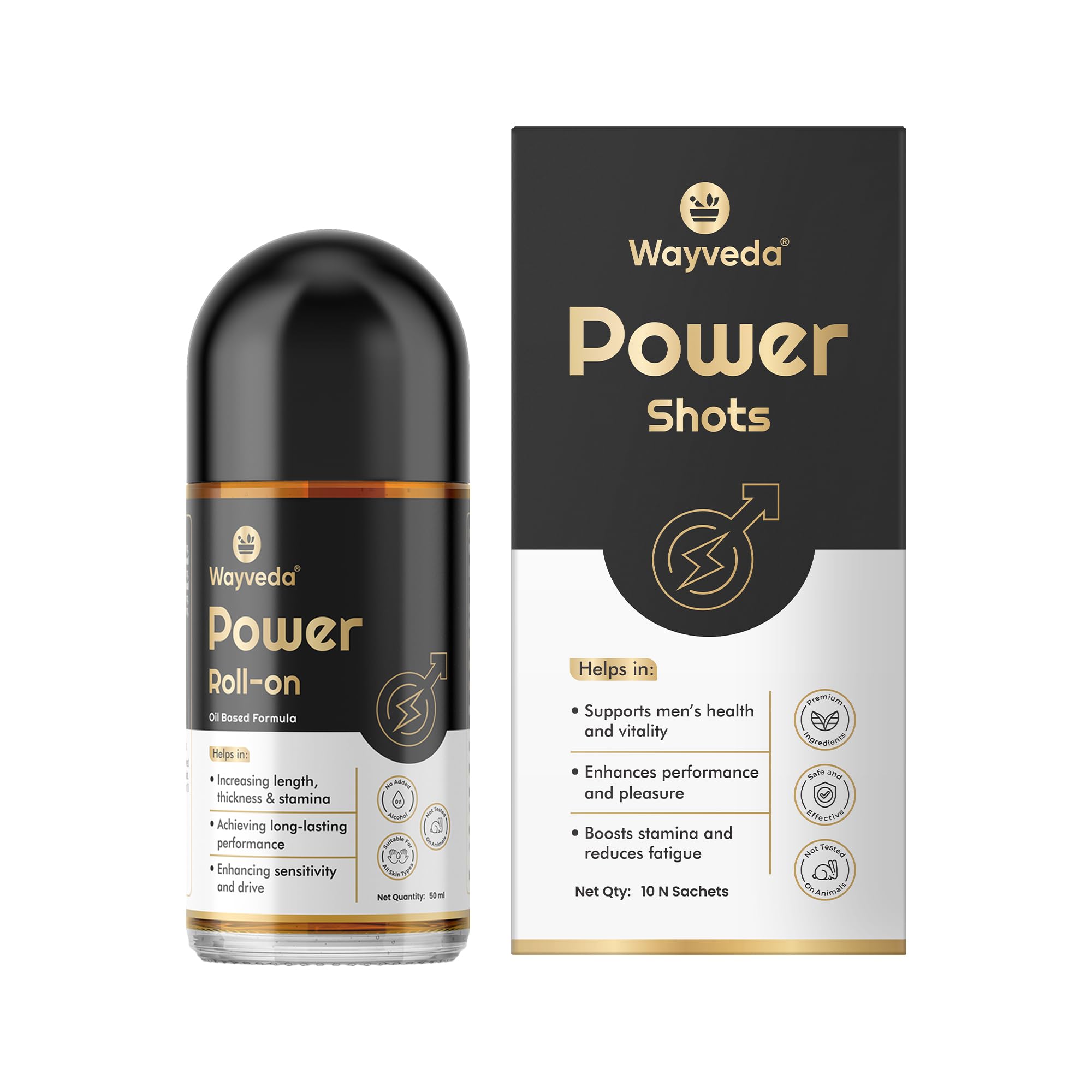[BRSRGGIZOV5QY3I4] 2X Black Triple Power System Combo Set for Men | Power Shots (15N) + Oil-Based Roll-On (50ml) | With Ashwagandha, Kaunch Beej & Shilajit | Boost Stamina, Vitality, Energy & Confidence