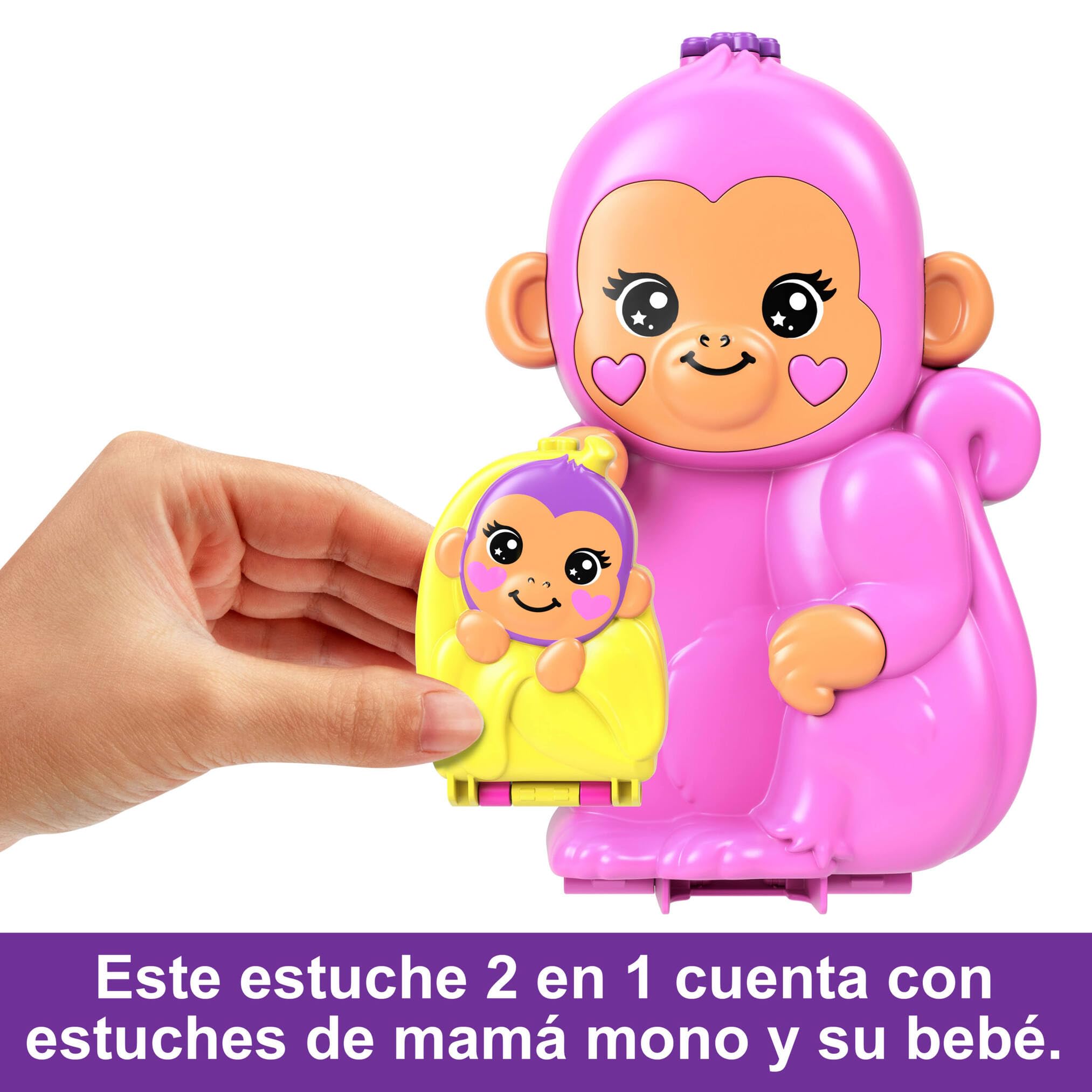 Polly Pocket Adventures in Rio Mamá mono y su bebé, Cofre-bolso 2 en 1, 2 sets de juego que incluyen 2 mini muñecas, animales y teleférico, juguete regalo para niños y niñas +4 años, HWP04