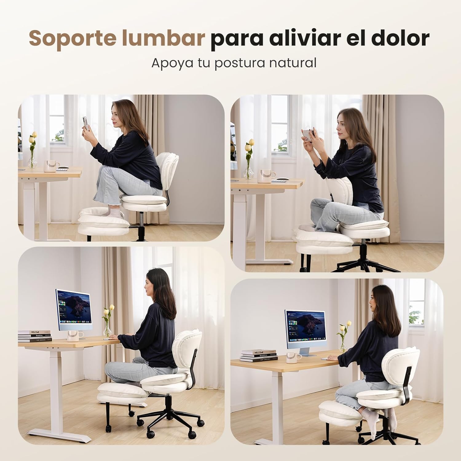 Cross Legged Office Chair, Ergonomic Kneeling Chair, Cloud Criss Cross Desk Chair, 360° Swivel Adhd Meditation Chair with Ajustable Height and Back Support, White White Ribbed PU Leather Chair