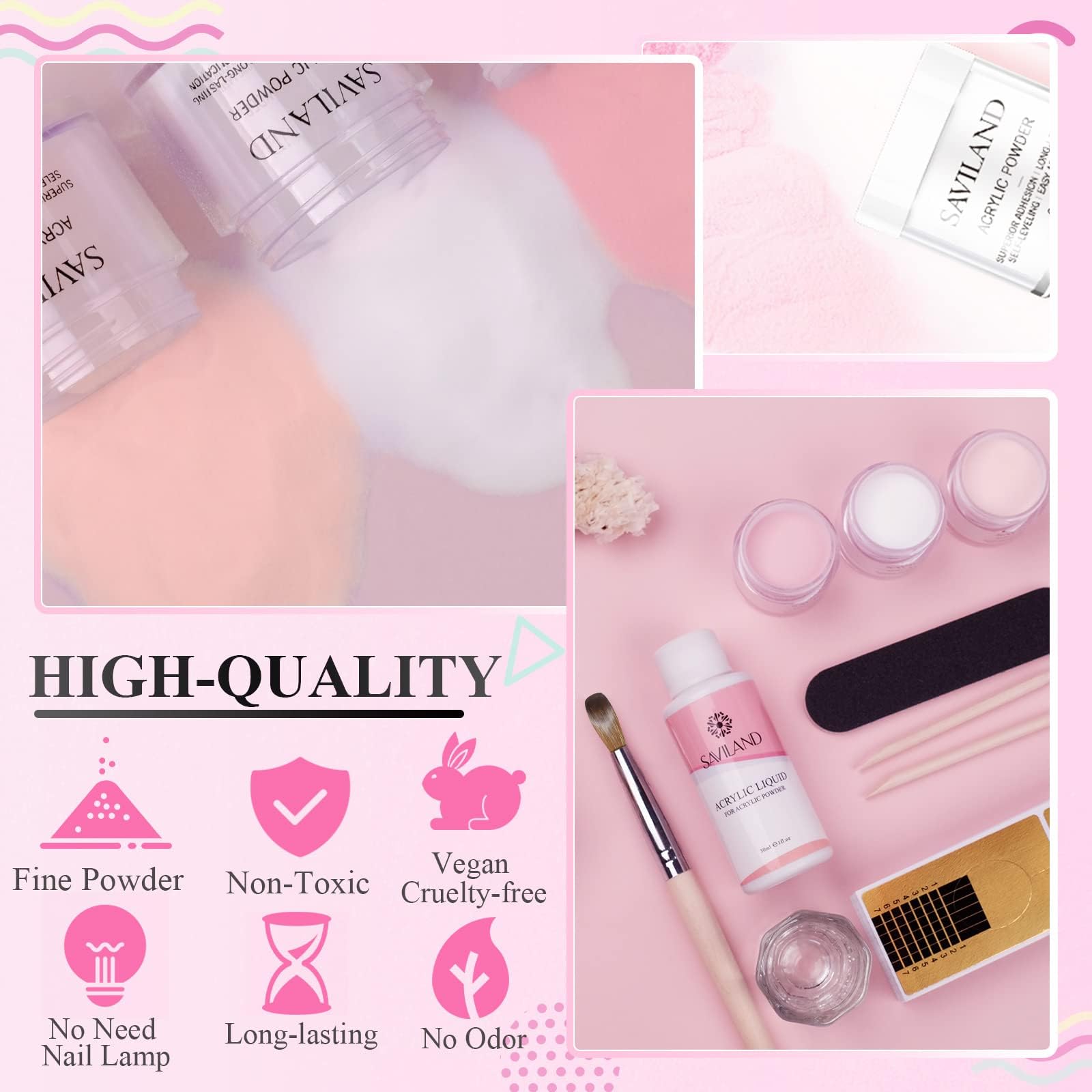 Saviland Acrylic Nail Kit - Pudry I Płyny Akrylowe, 3 Kolory Zestaw Przezroczystych Pudrów Akrylowych w Kolorze Różowym Nude do PrzedłUżania Paznokci Akrylowych