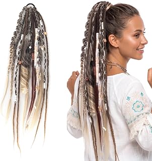 24 Inch Boho Braided Dreadlock Ponytail Hairpiece with Accessories (Black) | Instant Elastic Hand-Braided Viking Braid Hairpiece, Long Clip in Braid Hair Tie Extension for Cosplay & Festivals Hairwig