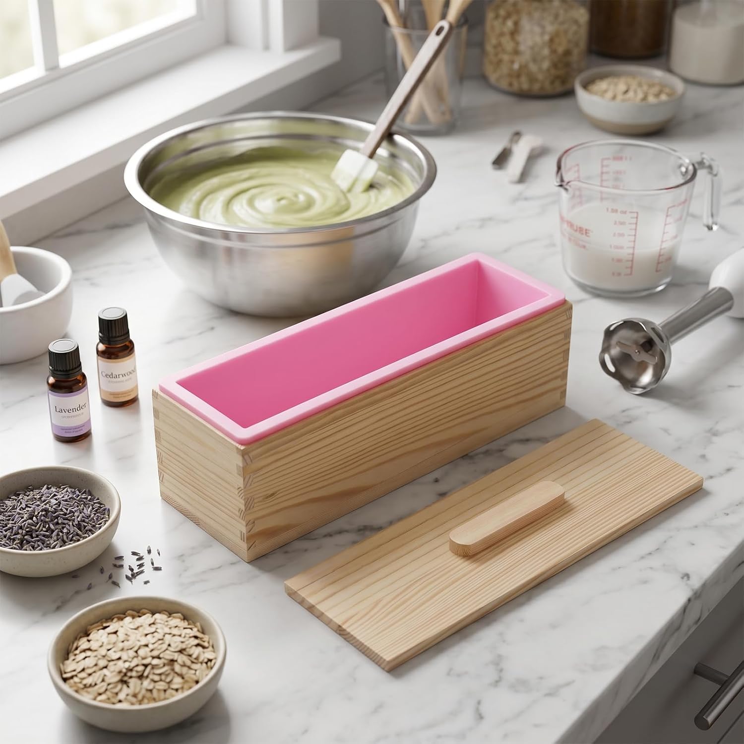 4PCS 42oz Silicone Soap Kit, Pink Rectangular Silicone Loaf Soap Making with 4 Wooden Boxes and 4 Lids, DIY Supplies for Soap Making
