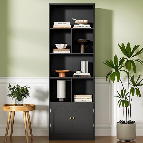 Miniatura 10 de Estantería de 71 pulgadas de alto con 6 cubos y 2 puertas, estantería de 4 niveles, estantería abierta con gabinete, organizador de almacenamiento