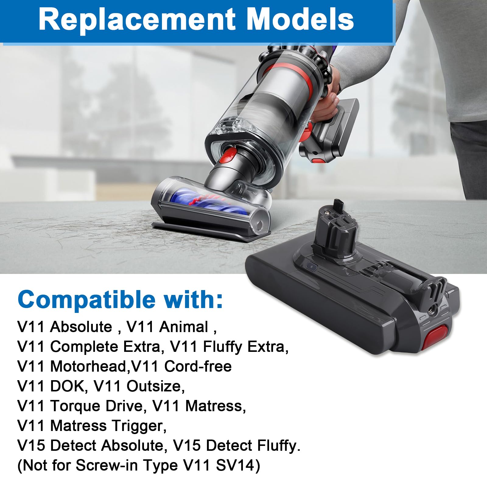 Batería de repuesto de 25,2 V, 3900 mAh, V11, compatible con aspiradoras Dyson-V11 V15 de ion de litio Animal/Absolute/Motorhead/Fluffy/aspiradora de mano (versión click-in, no para modelos con