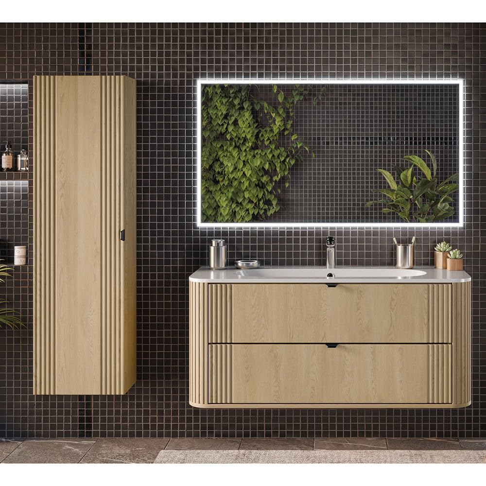 Lomadox Badezimmer-Waschtisch 120 cm in Eiche, gerillt, mit Keramik Waschbecken, 2 Schubladen, Softclose, Metallgriffe, abgerundete Kanten