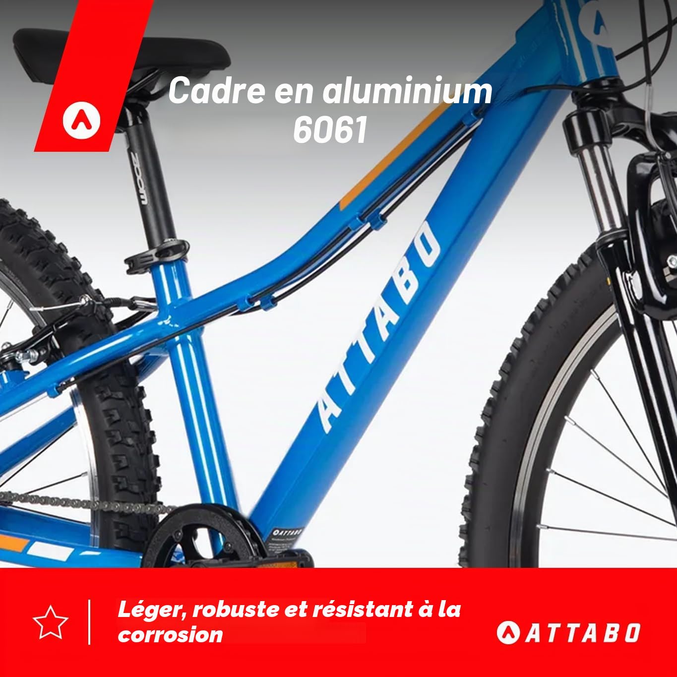 ATTABO VTT JR pour Enfant avec Cadre en Aluminium 12" - Roues de 24" - avec Accessoires - Guidon Ergonomique en V - Selle réglable - Dérailleur à 8 Vitesses