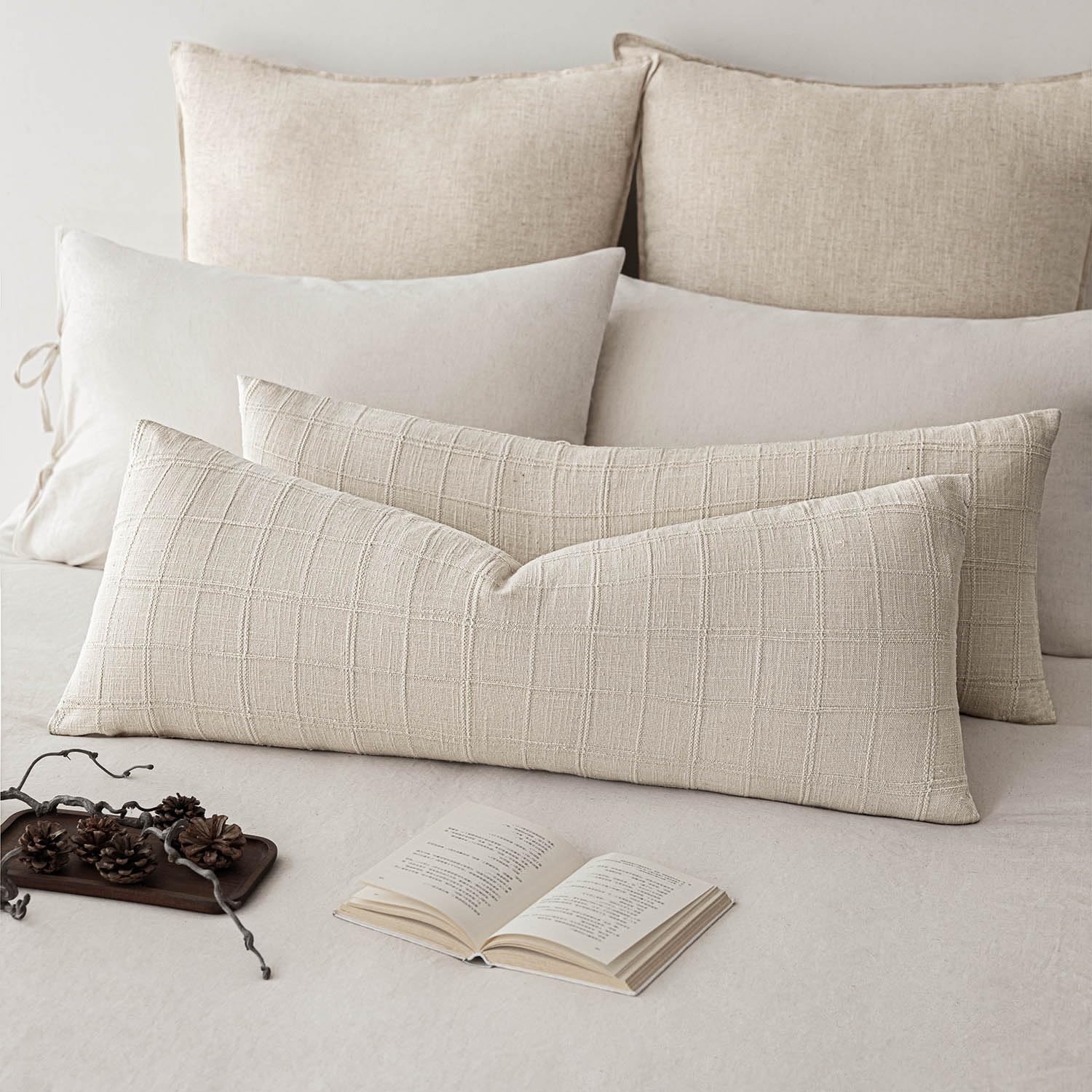 Foindtower Long Linen Check Lumbar Throw Pillow Cover 14×36 Cream White