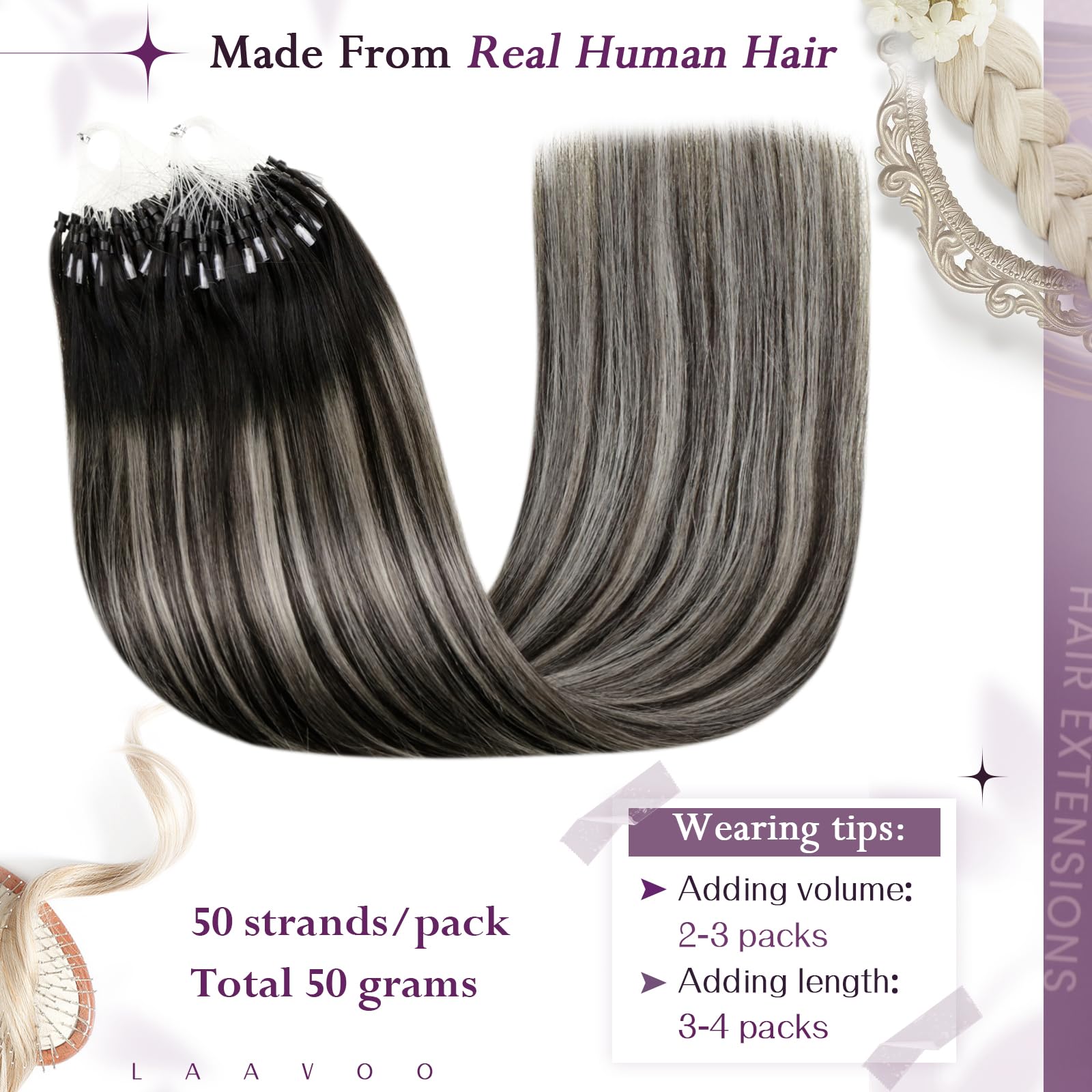 LaaVoo Micro Ring Hair Extensions Real Human Hair Black Remy Straight Balayage Natural Black & Silver Invisible Micro Beads Hair Extensions 50g 50s 18 Inch #1b/s/1b - Image 3