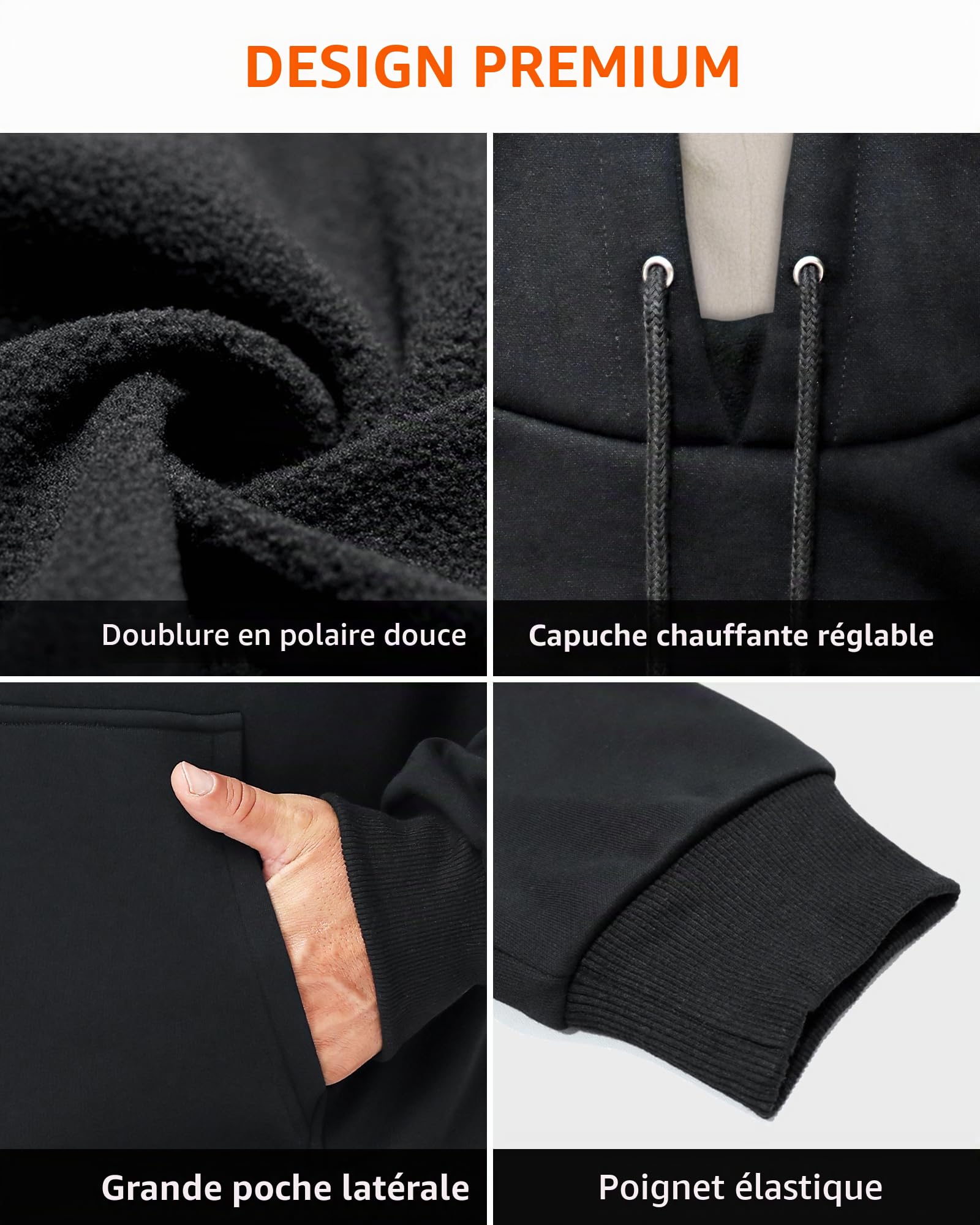 Loowoko Sweat a capuche chauffante Homme Femme avec power bank 10000mAh, 3 niveaux de température + 6 zones de chaleur – Lavable – Pour travail en extérieur, moto, promenades