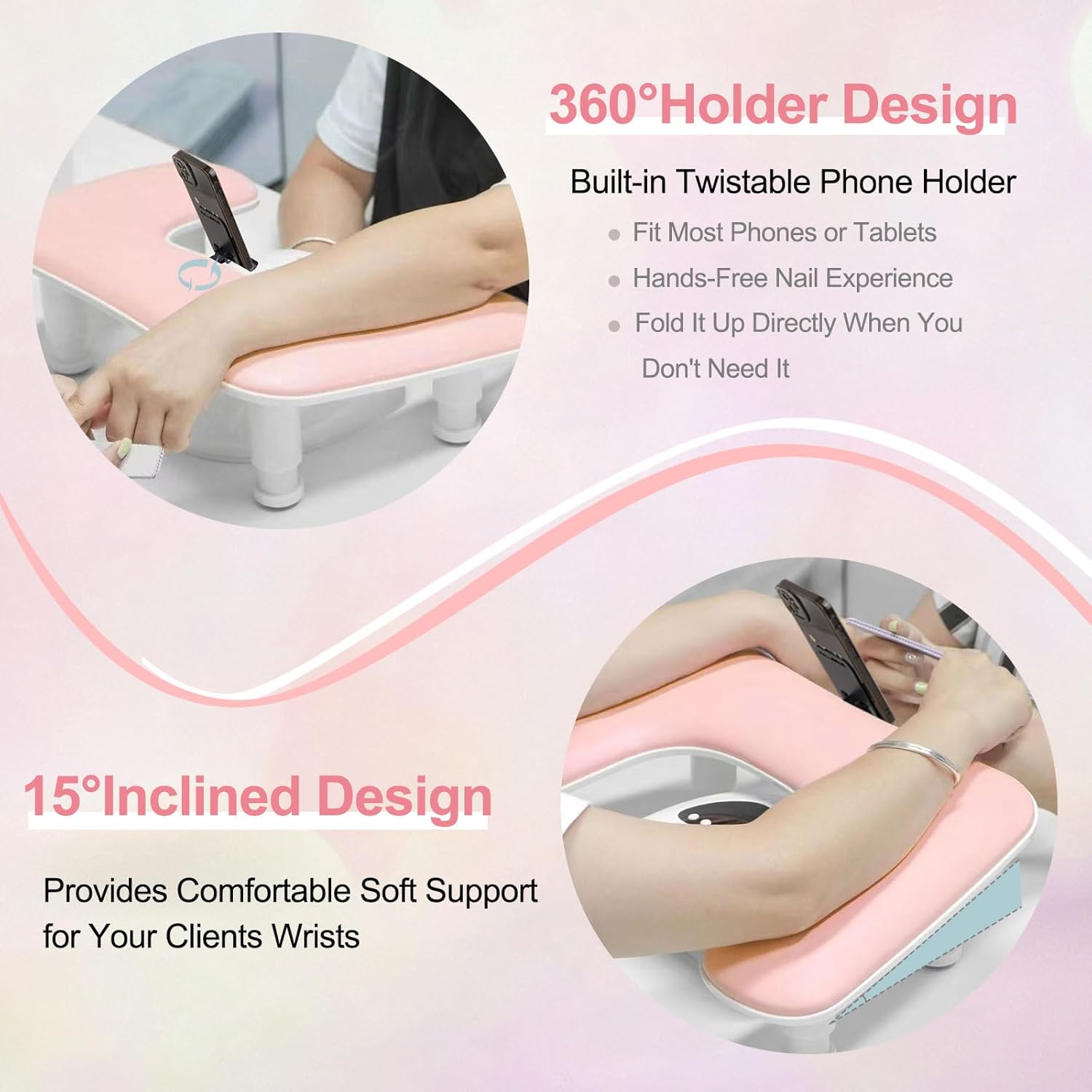 Big Arm Rest for Nails Tech with Nail Mat and Rotating Phone Holder: 3nd Generation U-Shaped Manicure Nail Arm Rest Stand Height Adjustable Armrest for Acrylic Nails(Pink)