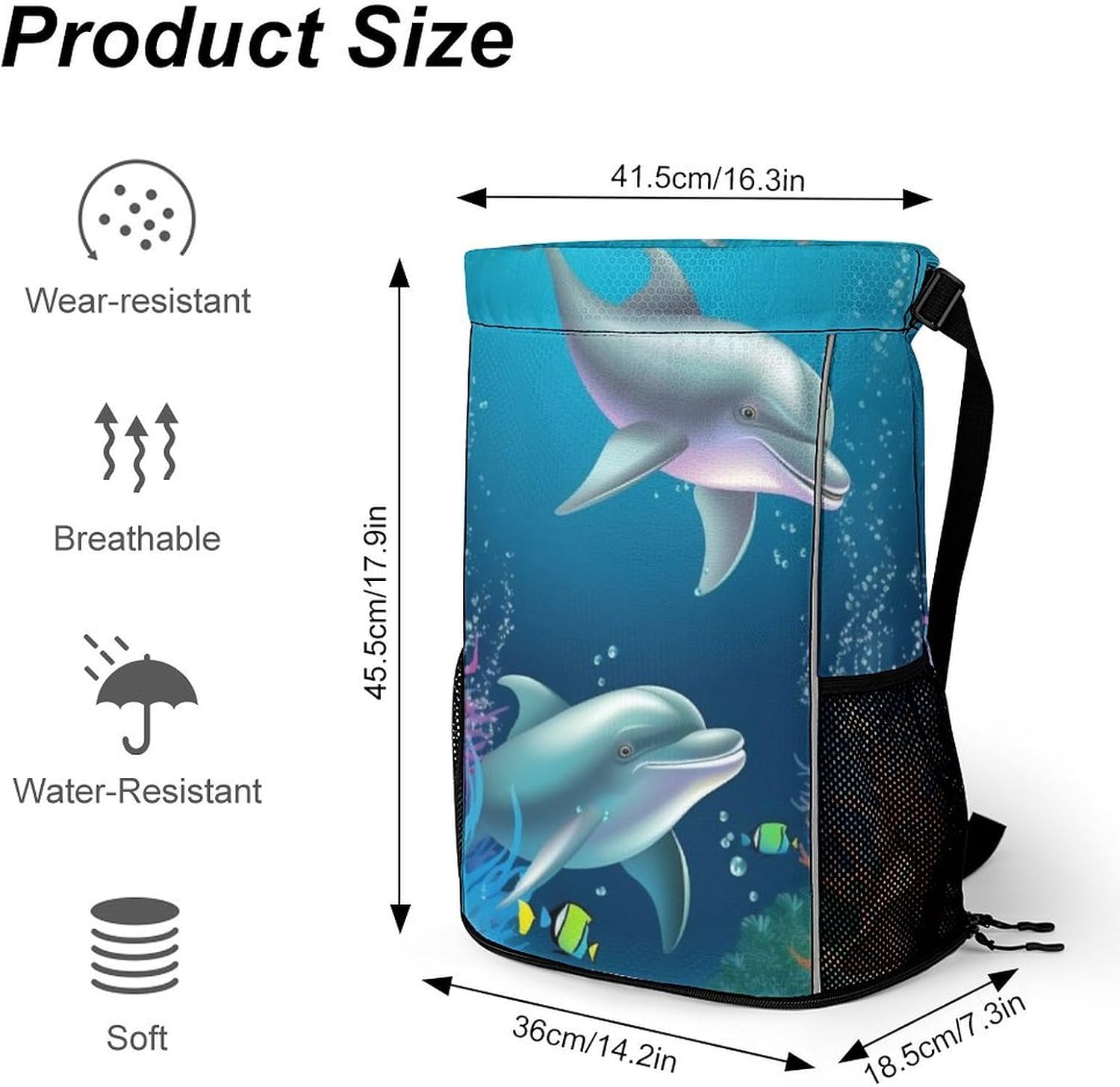 Drawstring Backpack Sports Gym Bag with Zipper Dolphin And Fish Waterproof Sackpack Large String Bag for Yoga Beach