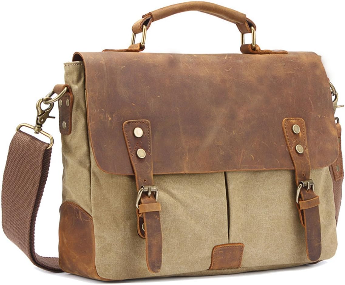 Hanshu Vintage Men's Genuine Leather Briefcase Canvas Multipurpose Messenger Bag