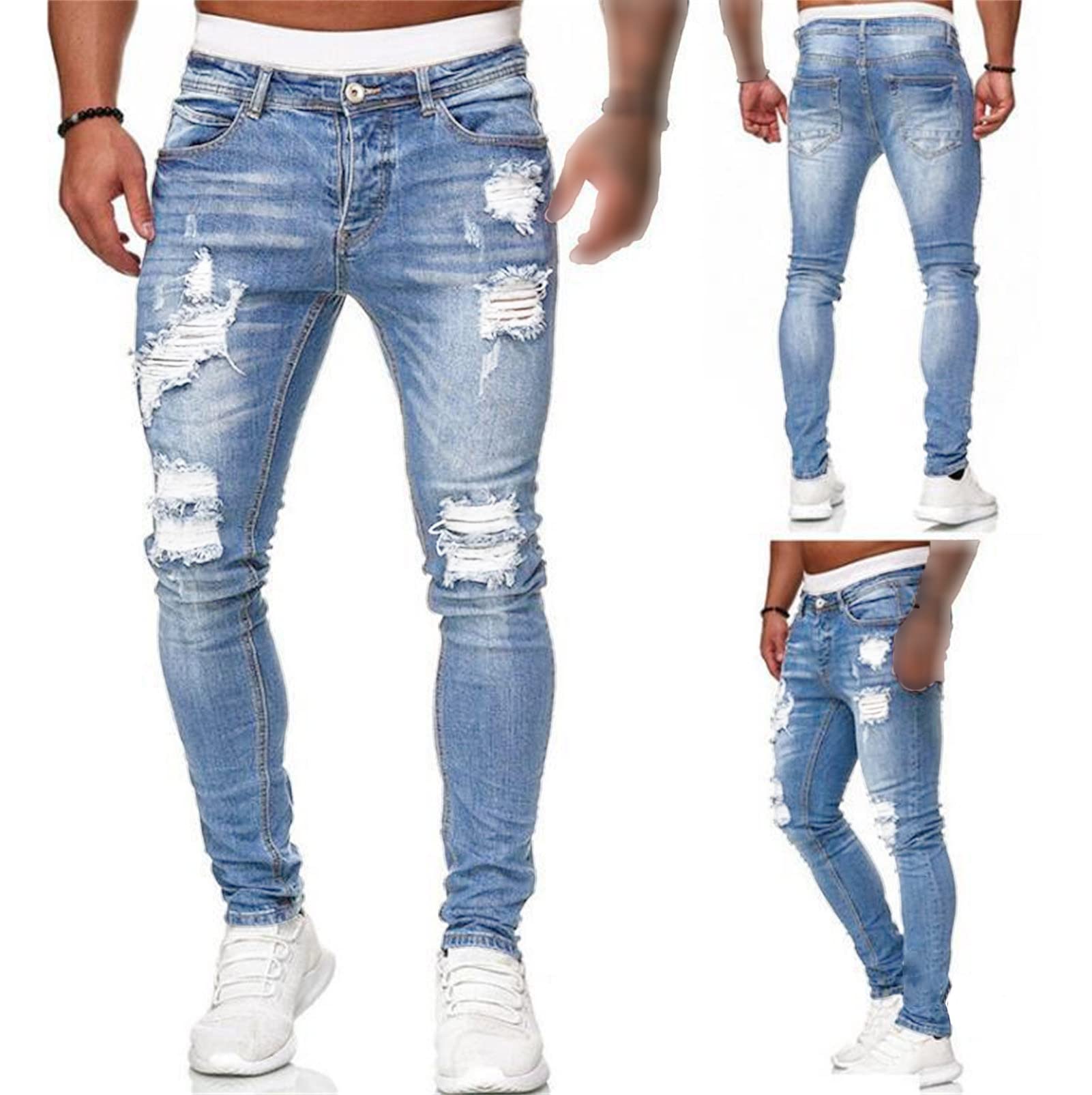 Maiyifu-GJ Men's Skinny Ripped Stretch Jeans Destroyed Distressed Tapered Leg Denim Pants Holes Slim Fit Biker Jean Trousers (Light Blue,Large)