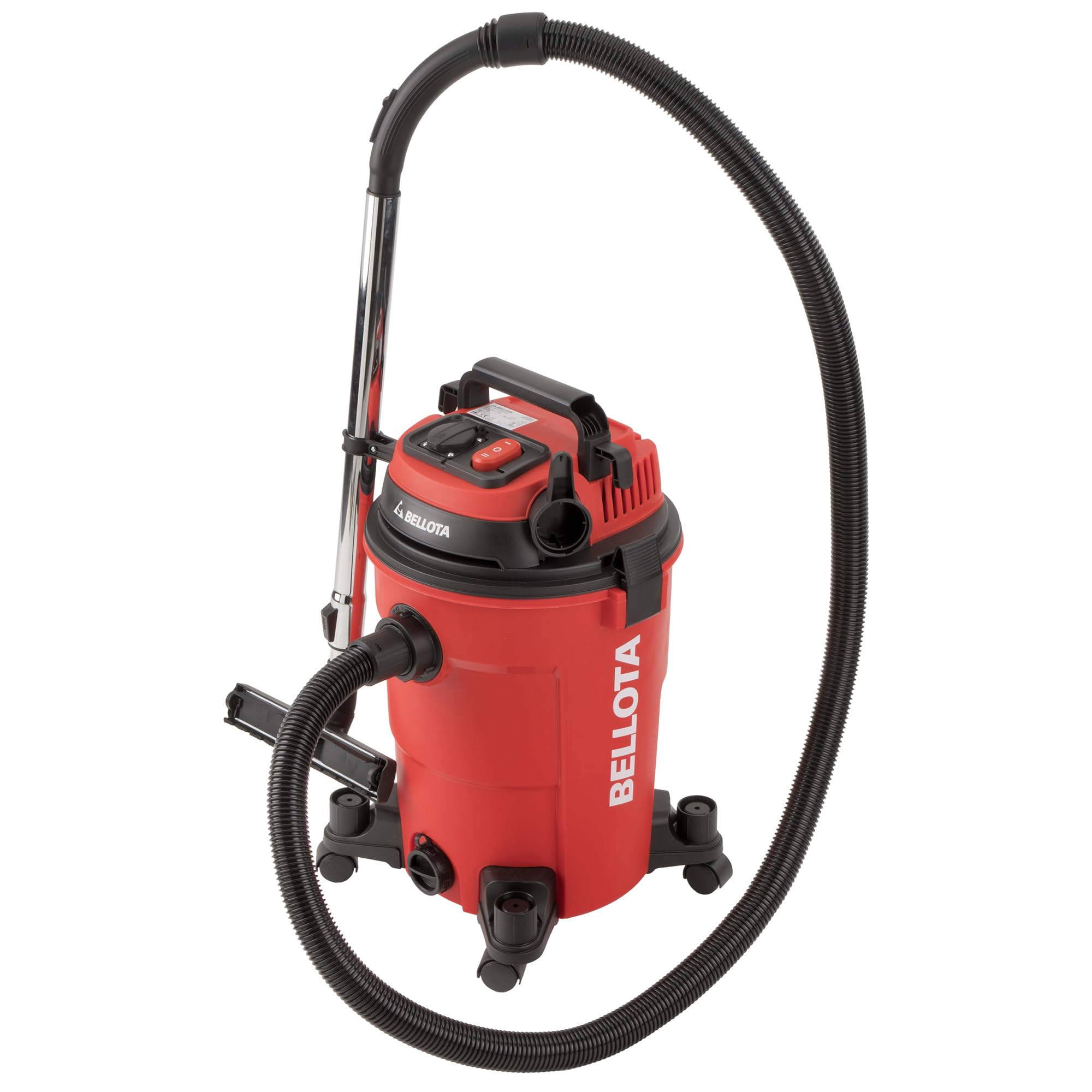 Bellota ASL2500SE - Aspirador con cable para aspirar restos líquidos y sólidos sincronizado, 25L, 2KW, Manguera (32mm Ø) de 2 metros, Tubo extensible metálico (440mm), enchufe sincronizado, con ruedas
