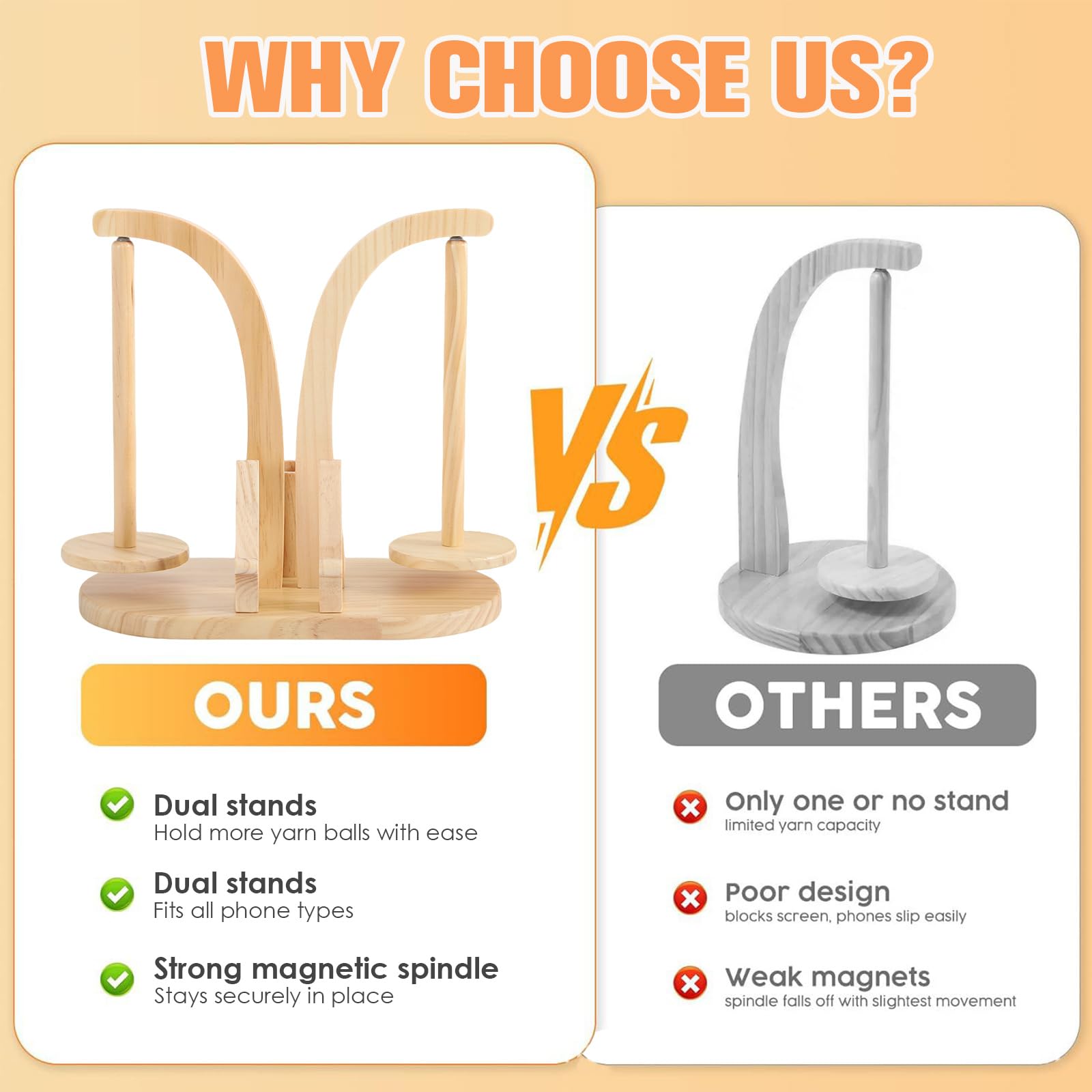 Svolgitore magnetico in legno con organizer per accessori a maglia, supporto per filo rotante per lana, con supporto per cellulare per amanti del uncinetto (legno naturale)