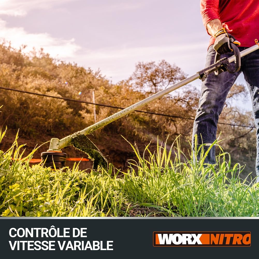 WORX Nitro - Débroussailleuse sans Fil -40V- 4Ah - Ø38cm - WG186E (2 Batteries 20V, Capot de Protection, poignée Amovible, tête Interchangeable, Compatible Outils et Batteries PowerShare)
