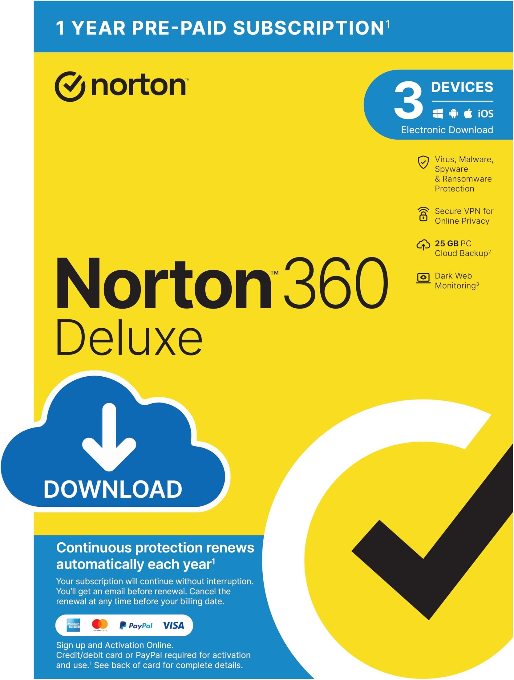 Norton 360 Deluxe 2023, Antivirus Software for 3 Devices and 1-Year Subscription with Automatic ‎Renewal, Includes Secure VPN and Password Manager, PC/Mac/iOS/Android, Activation Code by email
