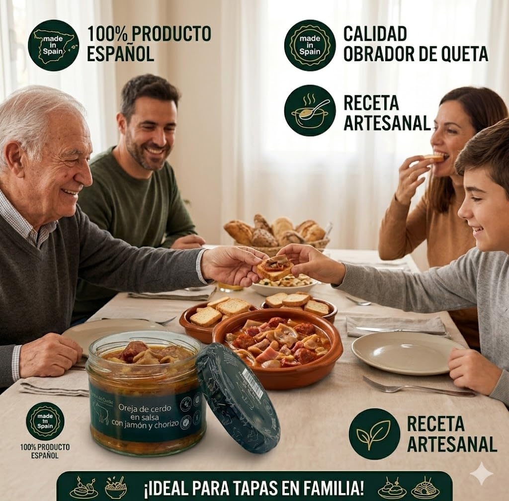 Oreja de Cerdo en Salsa con Jamón y Chorizo Conservas Premium, Receta Tradicional Artesana, Plato Preparado Calentar y Servir, Sin Gluten, Sin Conservantes, Pack de 8 x 430g
