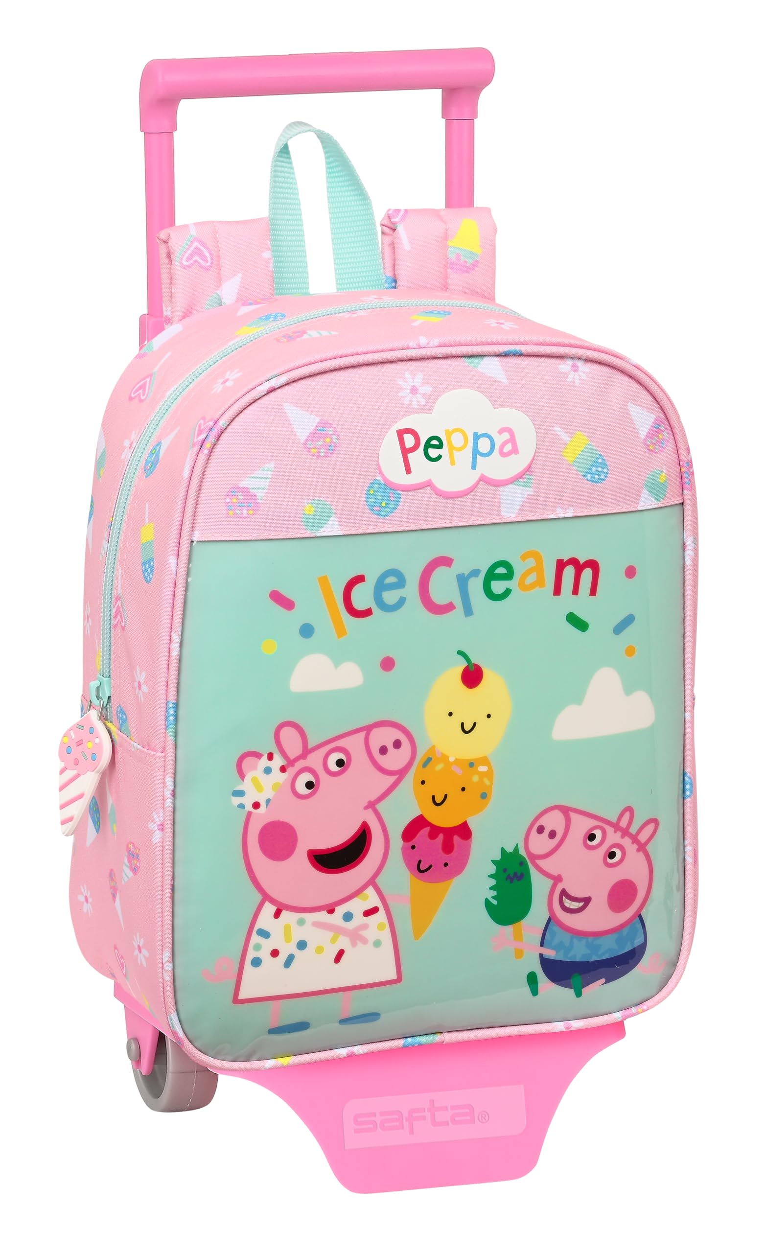 Safta PEPPA PIG ICE CREAM - Mochila Guardería con Carro, Ideal para Niños de Diferentes Edades, Cómoda y Versátil, Calidad y Resistencia, 22x10x27 cm, Color Rosa Claro/Verde Menta