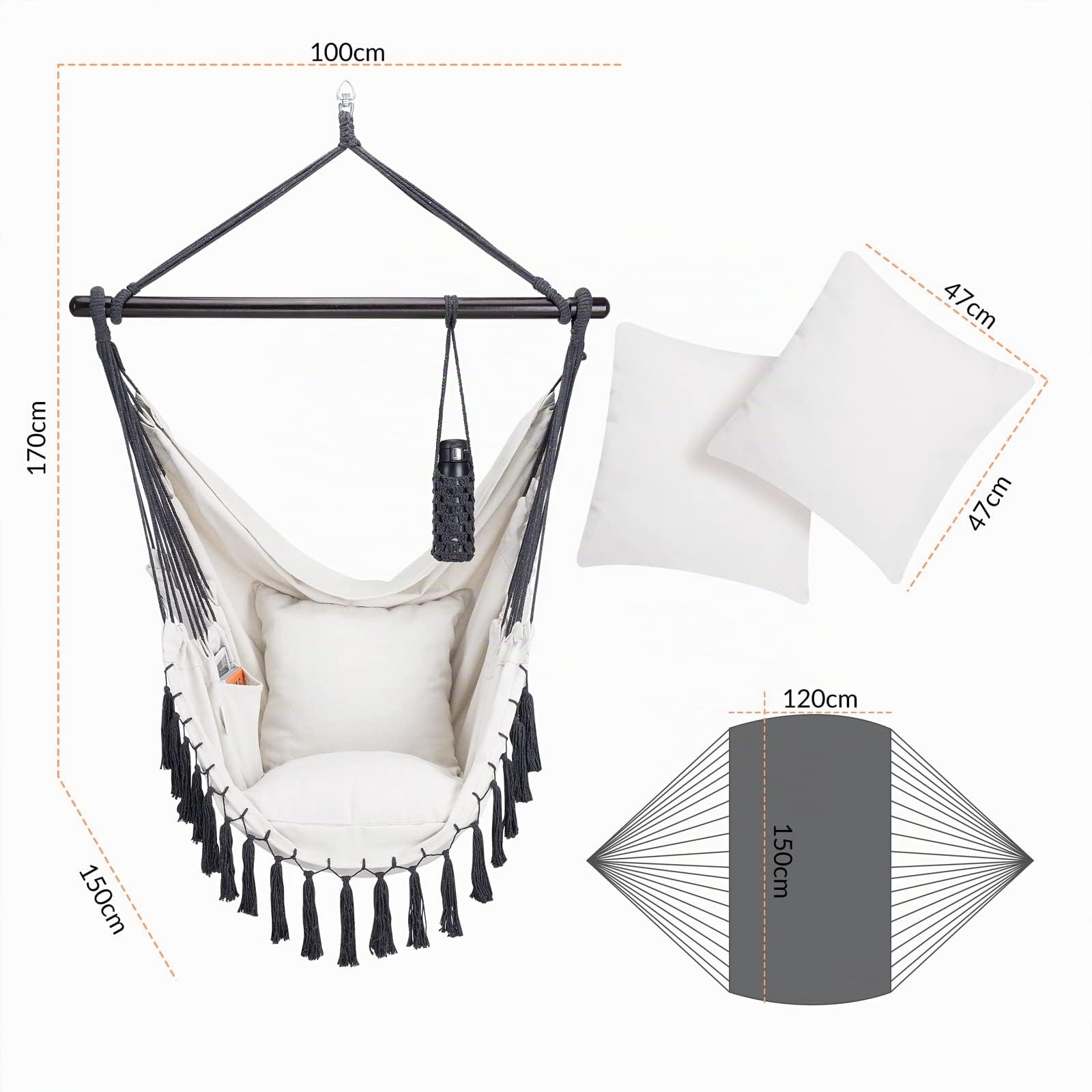 Chaise Suspendue Beige avec Coussins Fauteuil Suspendu XL hamac Coton avec Franges capacité 150kg intérieur extérieur