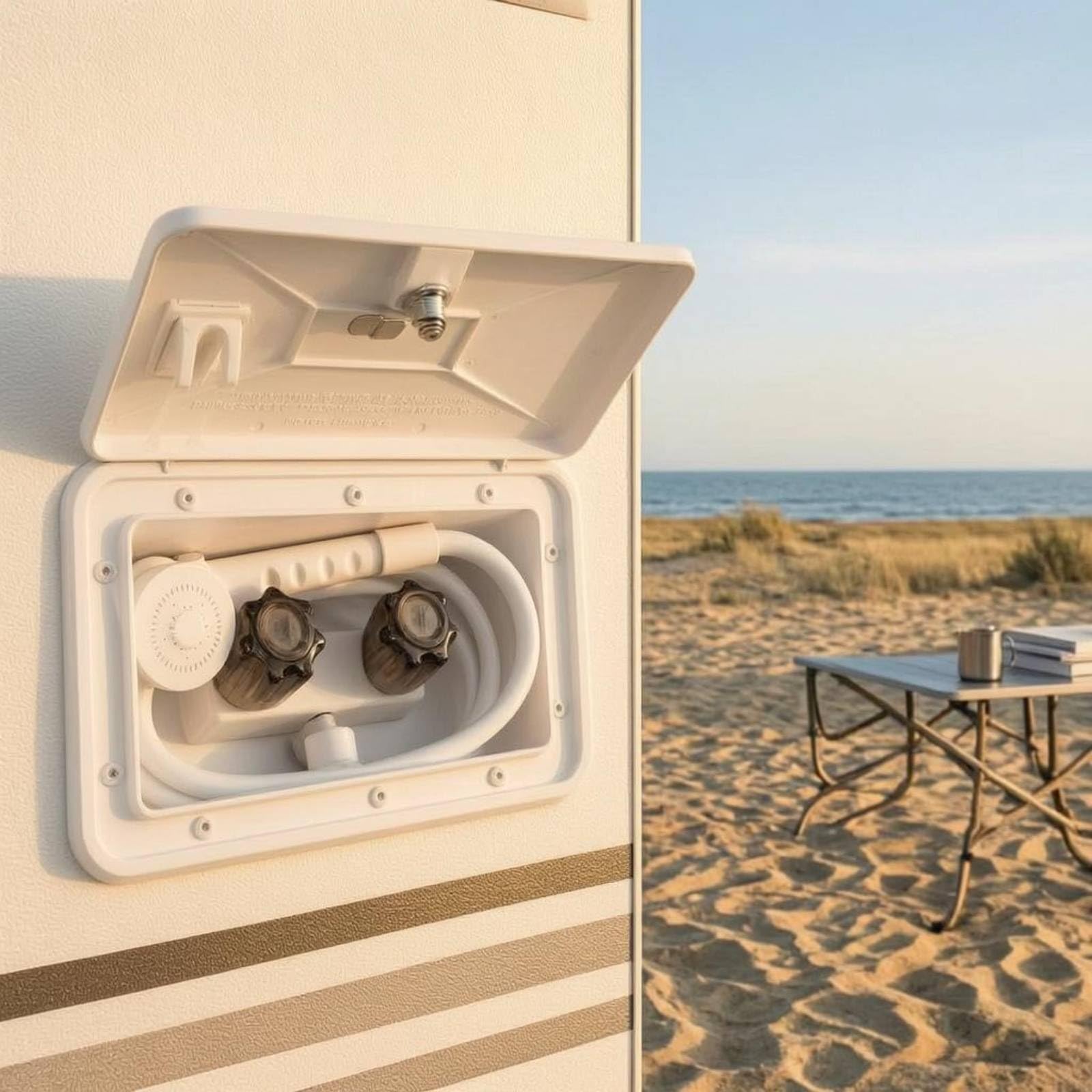 MERIGLARE Outdoor Duschkopf Reisemobil Duschbox Duschset Außendusche mit Temperaturregelung mit Klappabdeckung Und Schlüssel aus für Campingplatz Strand Gartenwaschplatz