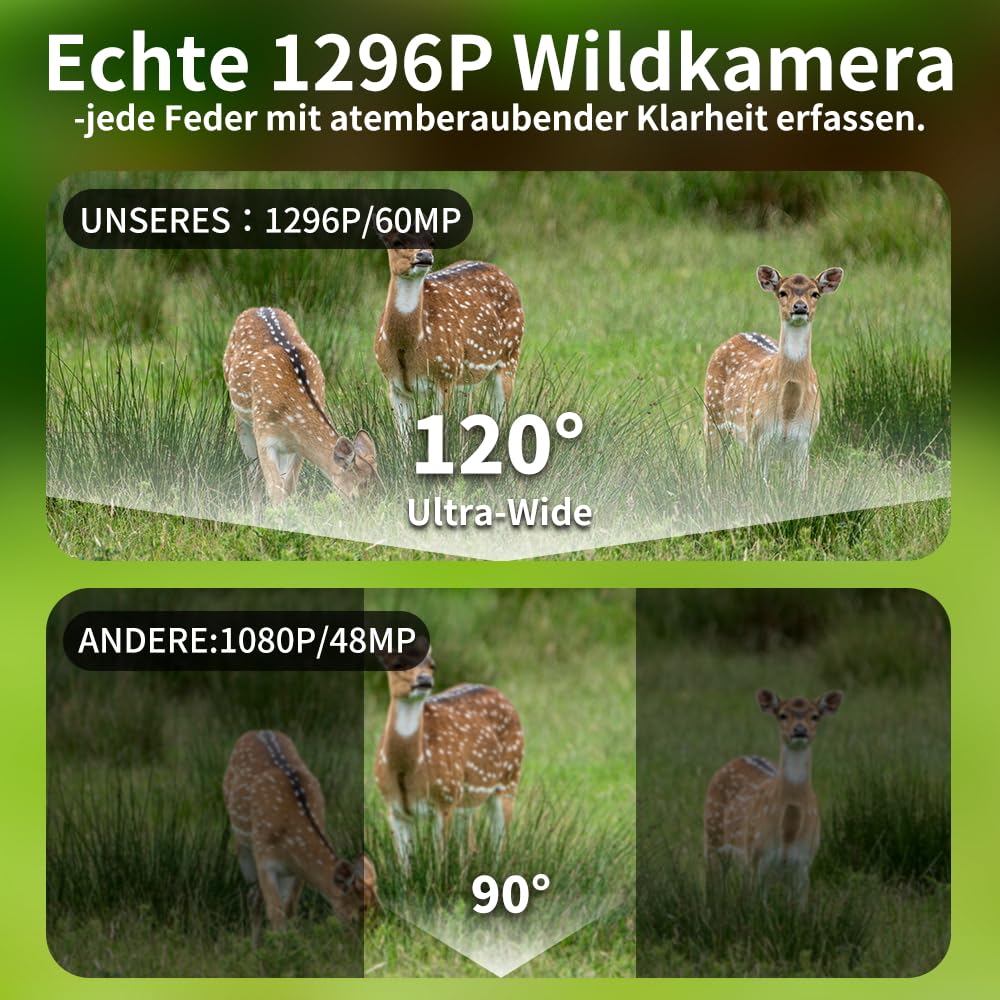Wildkamera WLAN, 1296P 60MP Wildkamera mit Handyübertragung App, Wildtierkamera mit Nachtsicht Bewegungsmelder, 0,1s Auslösezeit, IP66 Wasserdichter für die Überwachung von Wildtieren