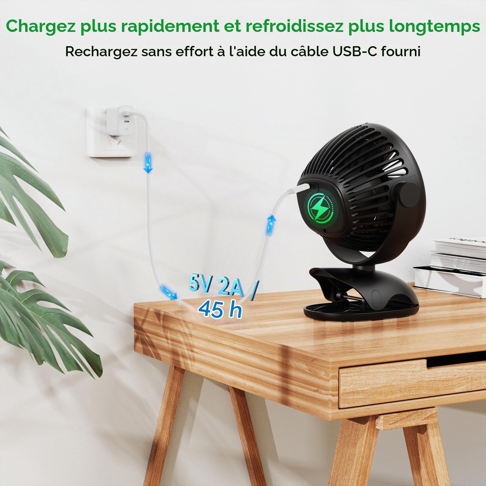 Minthouz Ventilateur à Pince avec Clip, Ventilateur USB Rechargeable 8000mAh, 4 Vitesses, Rotation 360°, Longue Autonomie Silencieux, Mini Portable pour Bureau Camping Poussette Maison