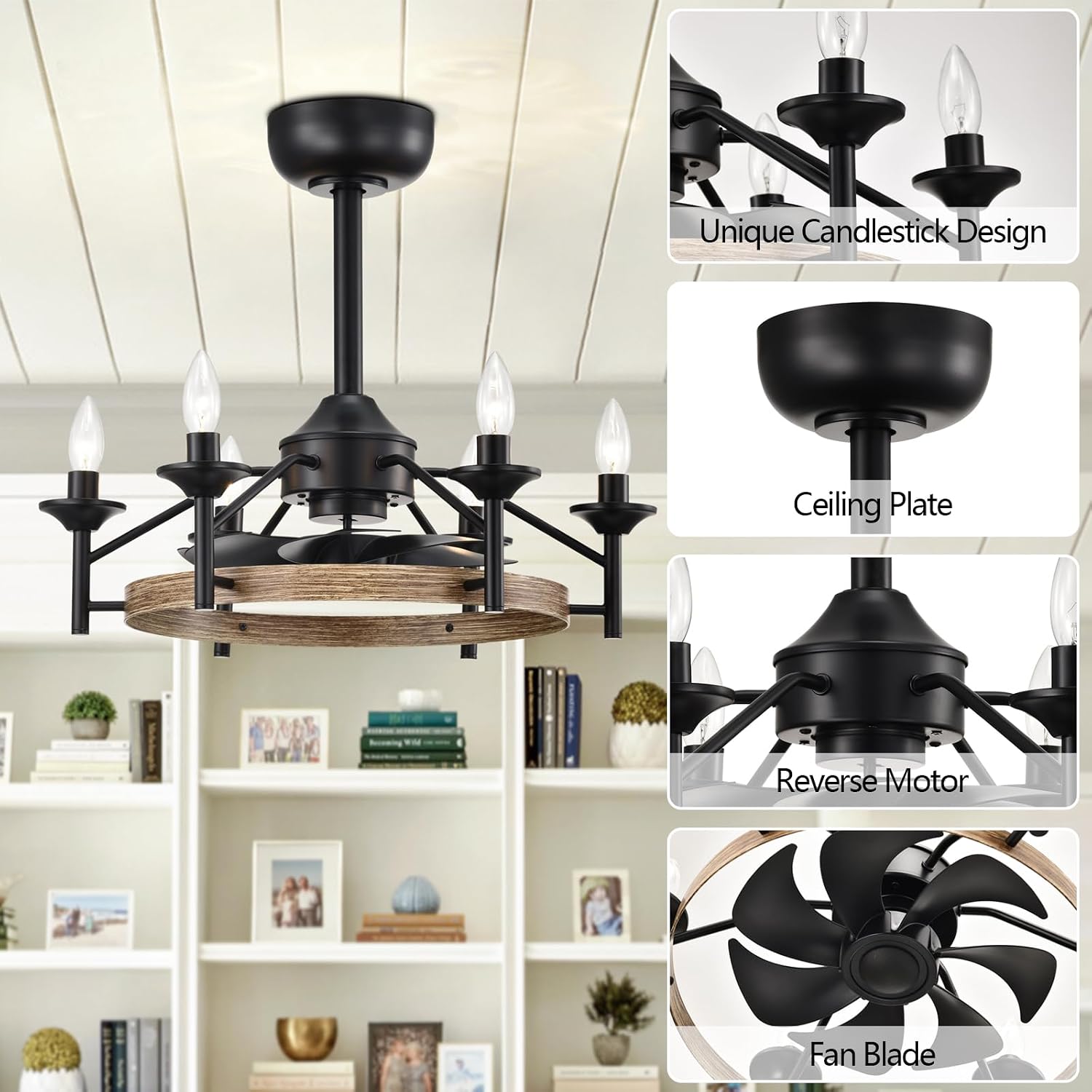 Maxax 21” Ceiling Fan with Lights and Remote, Modern Farmhouse Fan Light for Living Room,Caged Ceiling Fan with Light, Black Wood Grain Rustic Chandelier Candles, Reversible (Bulbs Not Included)
