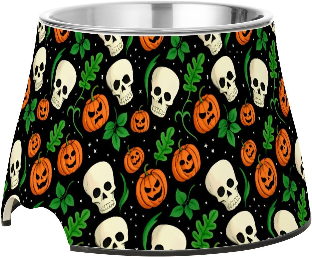 Skull Pumpkin Halloween Pet Bowl Elevated Dog Bowls with Stainless Steel, Raised Dog Bowl for Comfortable Feeding and Easy Cleaning, for Pets.23301677
