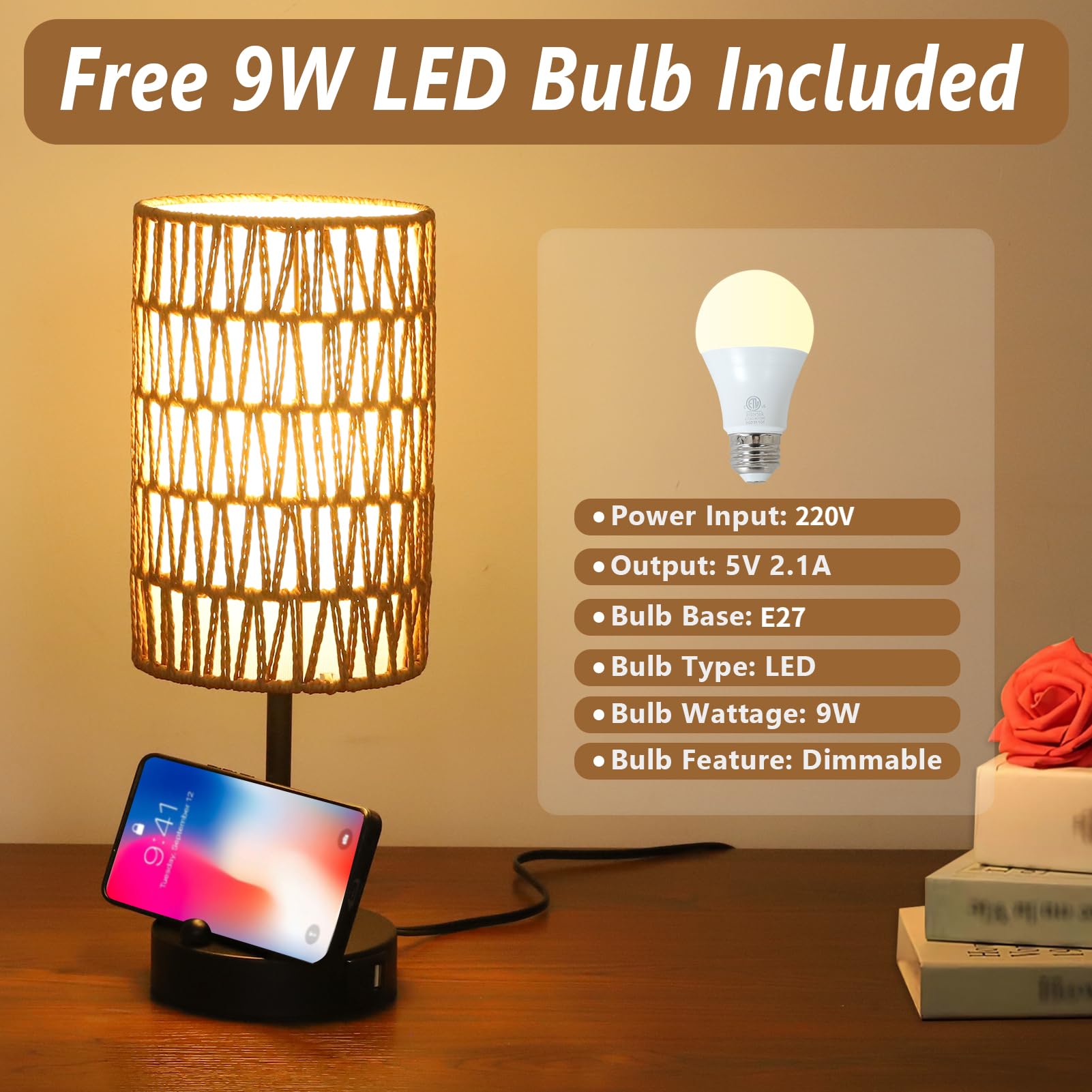 Rayofly Nachttischlampe 2er Set, Touch Dimmbar Nachttischlampe mit Ladefunktion USB A+C-Anschlüssen, Vintage Tischlampe mit Rattan Lampenschirm & LED Glühbirne, Touch Lamp für Schlafzimmer, Wohnzimmer