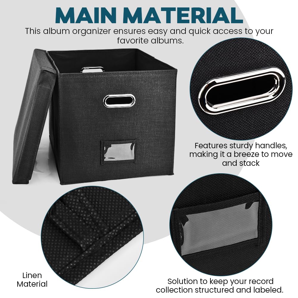 Caja de almacenamiento de discos de vinilo, 12.99 x 12.99 x 12.99 pulgadas, almacenamiento de álbumes para discos de vinilo, cubo decorativo de lino con tapa, apilable y plegable (color: negro)
