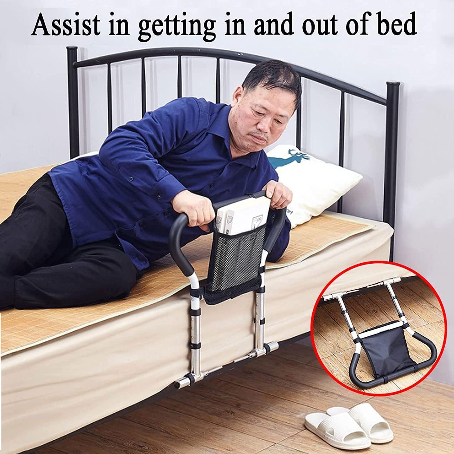 Barandilla de Cama de Acero para Uso médico, con Bolsa de Almacenamiento, Altura Ajustable para Adultos Mayores, Barra de Asistencia para Cama